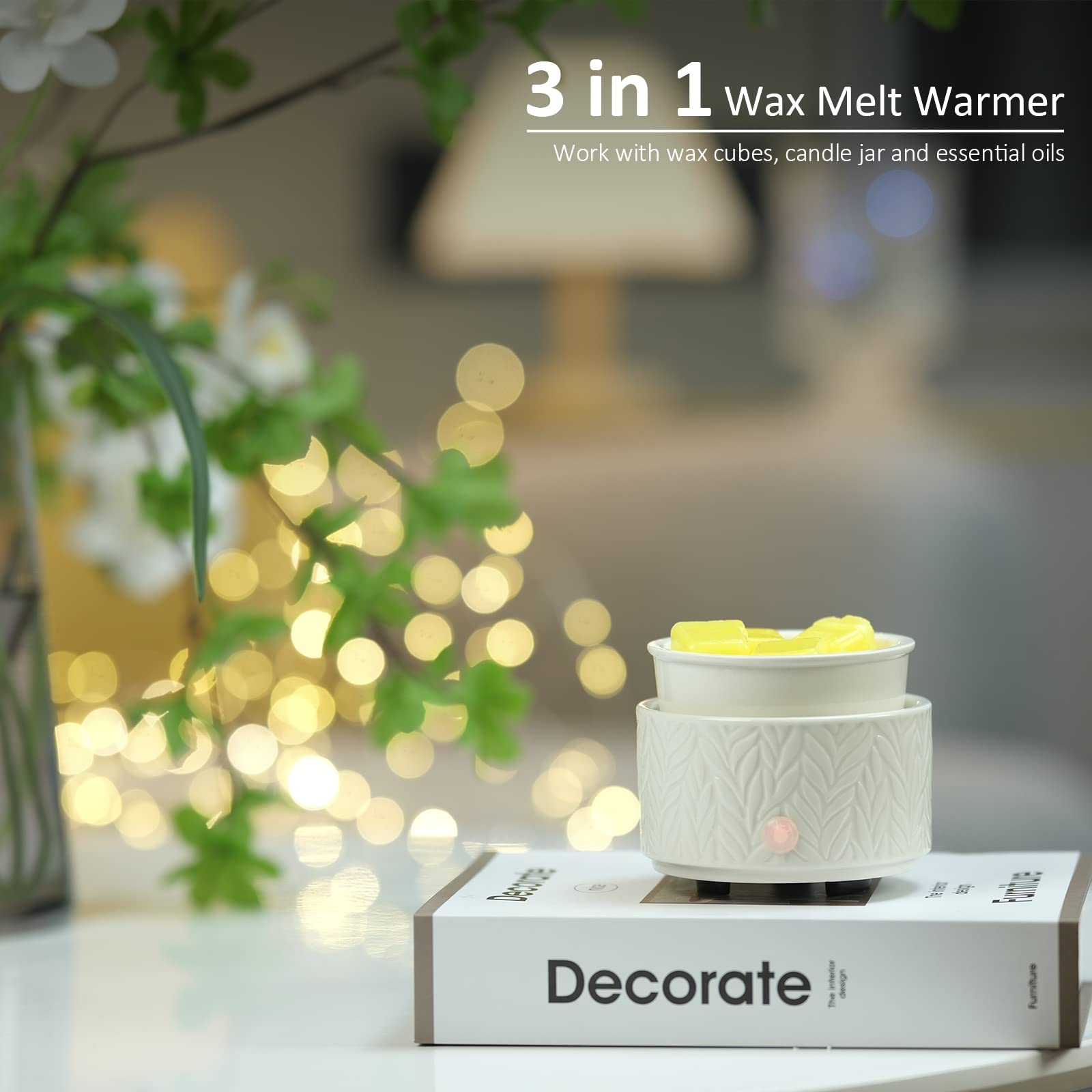 EQUSUPRO Wax Melt Warmer for Scented Wax Melts 3-in-1 Electric Ceramic Candle Wax Warmer Burner Fragrance Wax Melter for Home Office Bedroom Gift & Decor (Leaf)