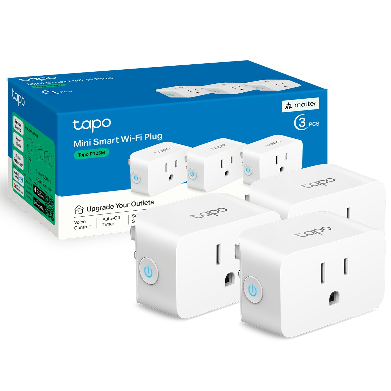 TP-Link Tapo Matter-kompatible Smart Plug Mini, kompaktes Design, 15A/1800W Max, supereinfache Einrichtung, funktioniert mit Apple Home, Alexa & Google Home, UL-zertifiziert, nur 2,4G Wi-Fi, weiß, Tapo P125M (3er-Pack)