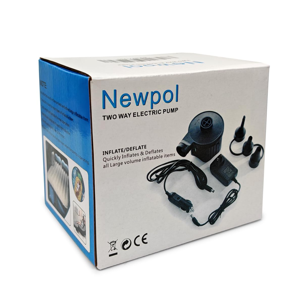 Newpol Inflatable Bed Pump, Electric Air Pump(100 Gallon/Min) for Air Mattress Beds, Inflatable Swimming Pools, Swimming Ring（AC110-240V/DC12V）
