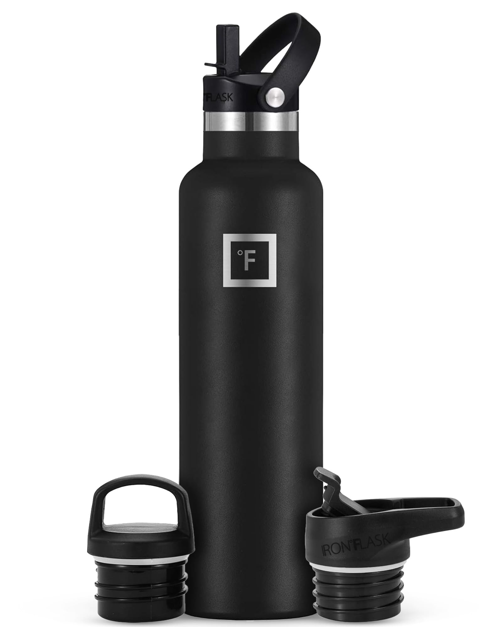 IRON degreesFLASK Camping & Hiking Hydration Canteens - 3 Lids (Narrow Straw Lid) Leak Proof Vacuum Insulated Stainless Steel - Hot & Cold Double Walled Sports Water Bottle - Midnight Black, 24 Oz