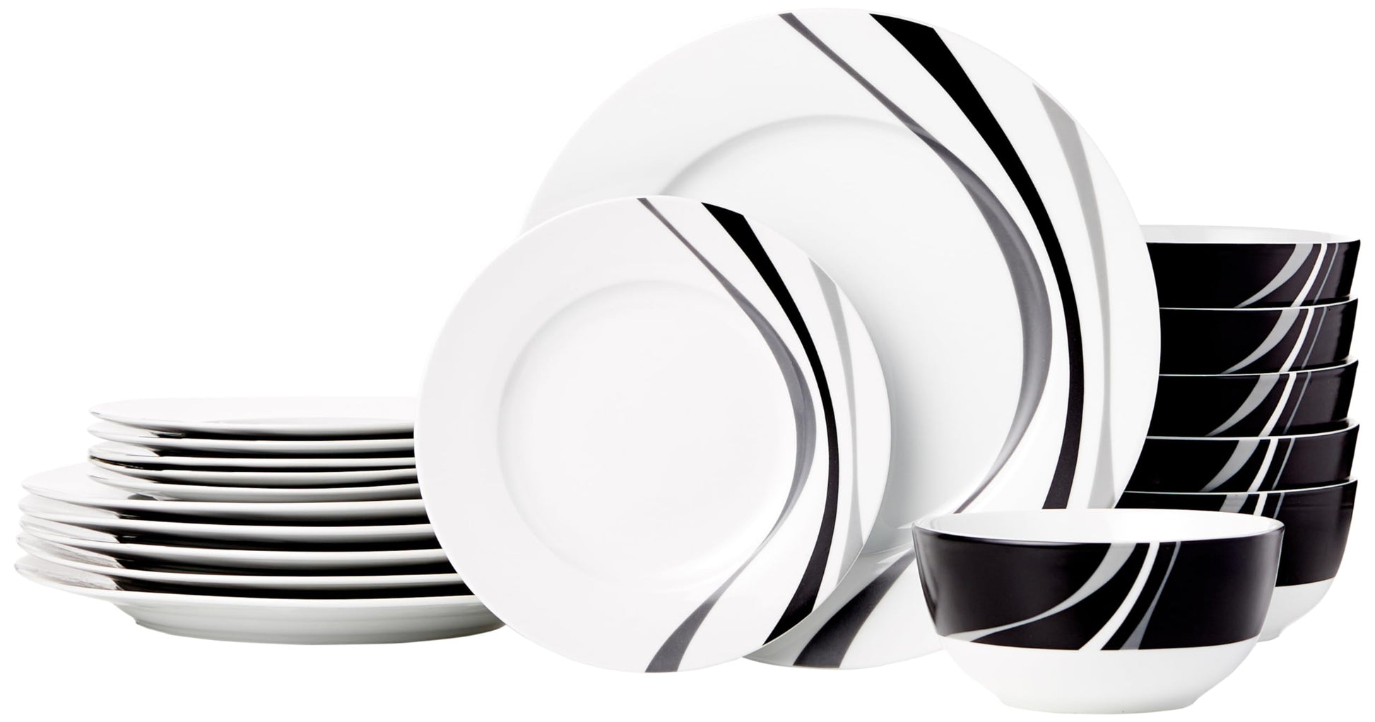 Amazon Basics Dinnerware Set, Microwave and Dishwasher Safe, Service for 6, 18-Piece Complete Kitchen, Plates, Dishes, Bowls, Swirl