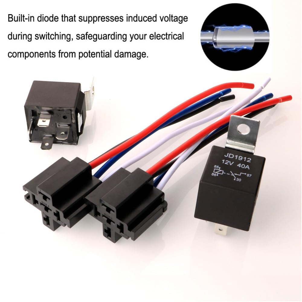 Gebildet 2pcs JD1912 Car Relay Harness 12V 40A 4 Pin SPST 12AWG Harness Sockets with Built-in Diode for Automotive Truck Van Motorcycle Boat
