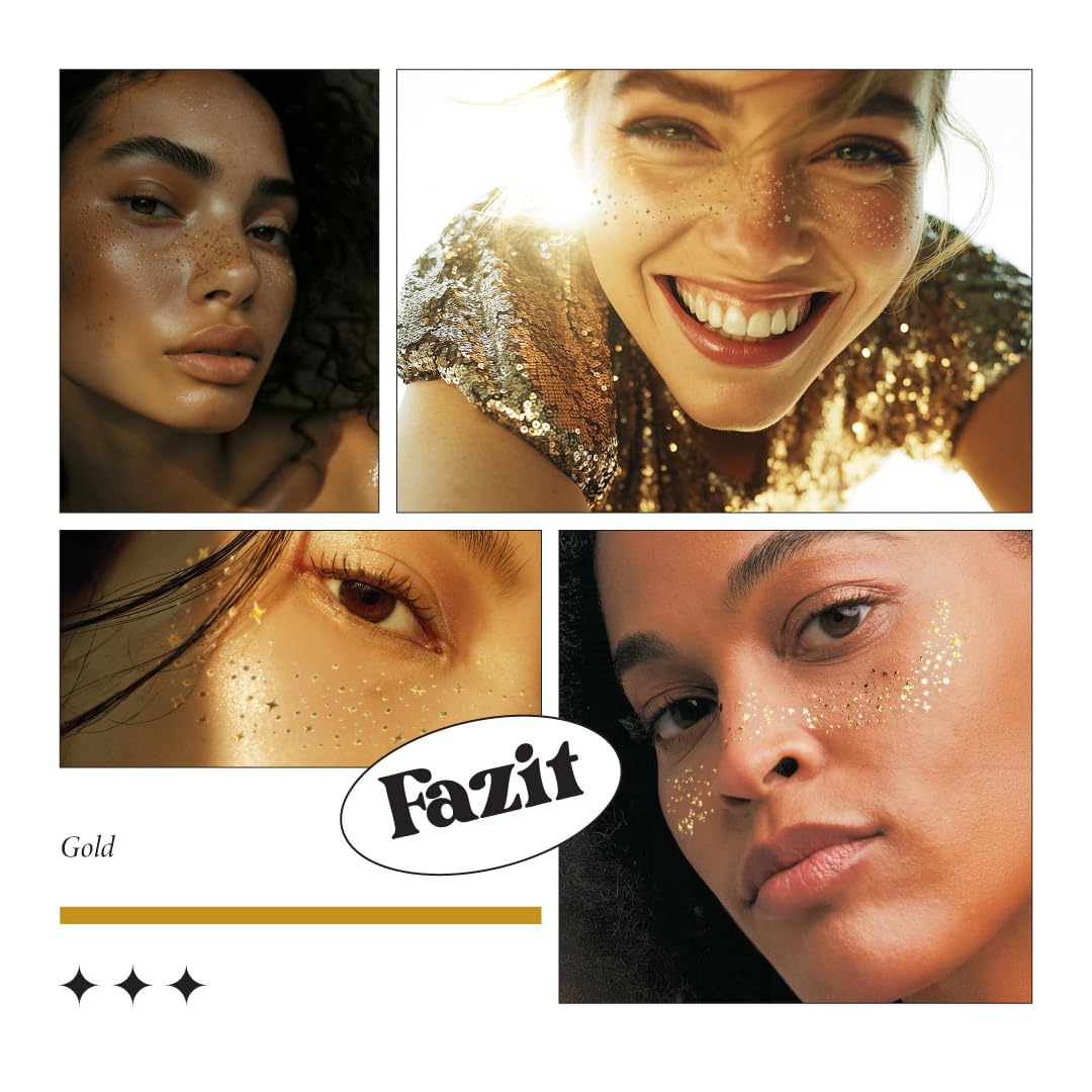 Fazit Makeup Patches - Gold - Face Glitter Makeup Speckles - Glow Up Makeup Patches - Face Glitter Speckles Patches - Cute Glitter Makeup Accessories for Women - Cosmetic Glitter for Face - 6 Count
