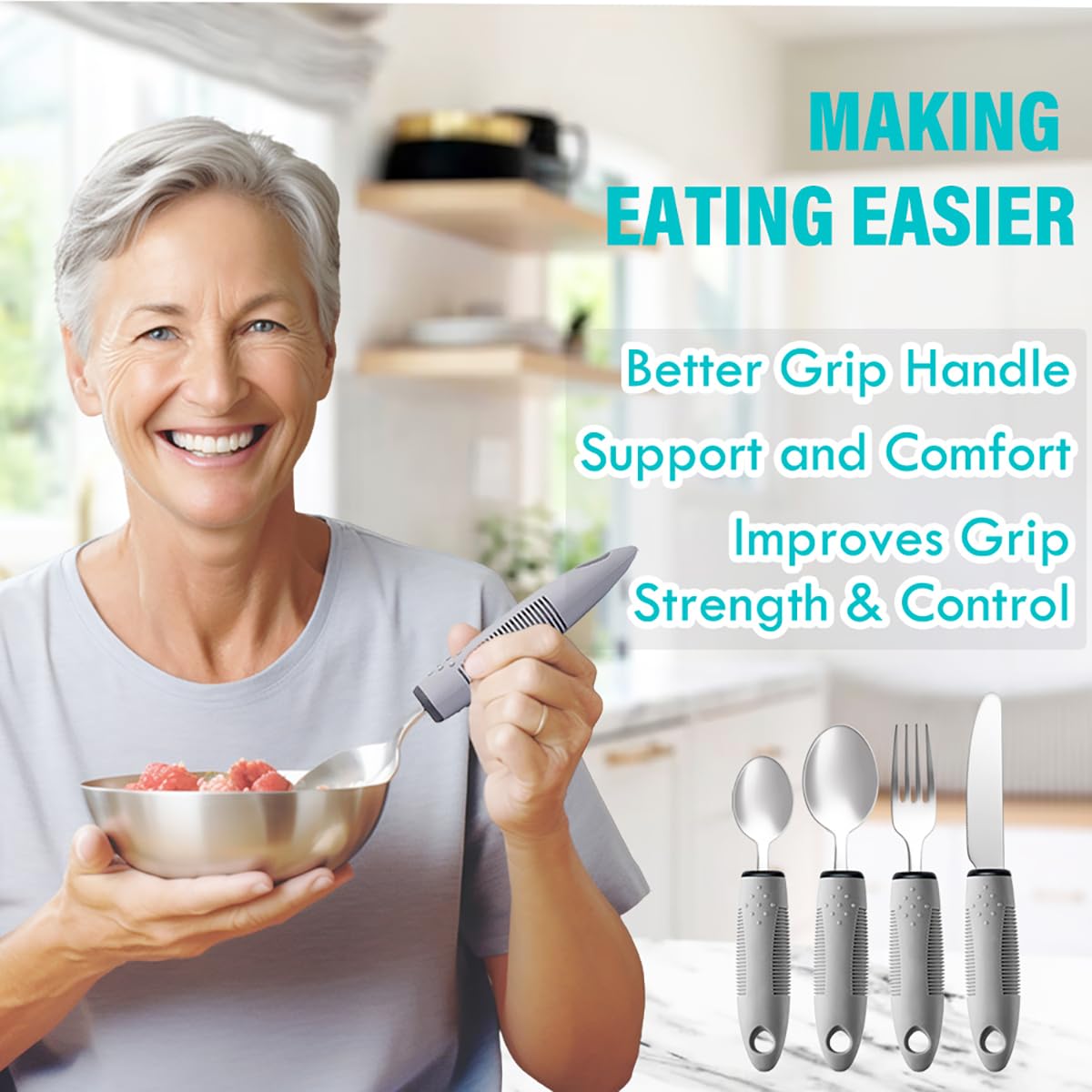 Nourislif Adaptive Utensils 4pcs For Hand Tremors,Elderly, Arthritis,Parkinsons-Built Up Utensils For Adults–Easy Grip Aids handle–2.5oz Each Weighted Silverware For Hand Tremors