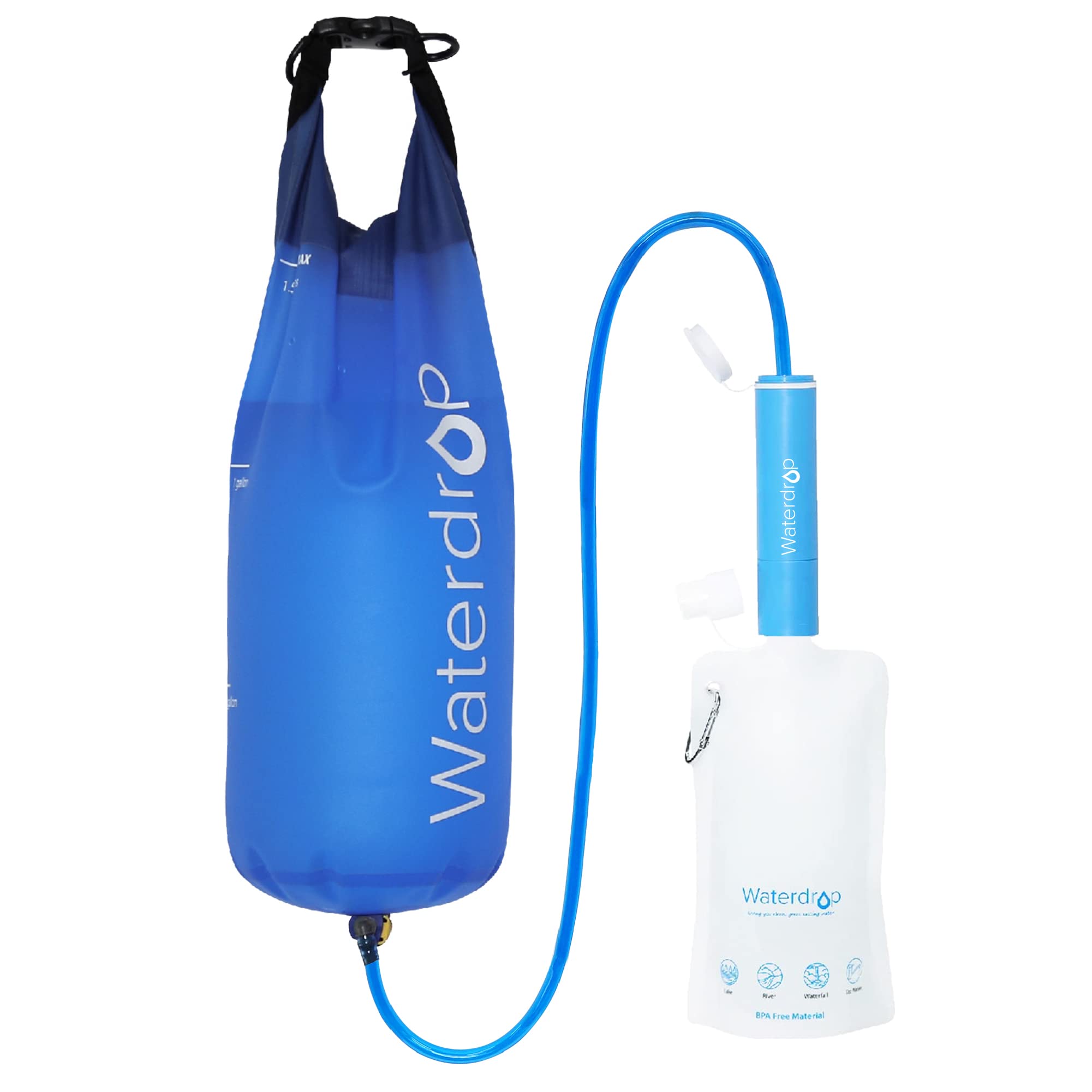 Waterdrop Gravity-Wasserfilter-Strohhalm, Camping-Wasserfiltersystem, Wasserreiniger-Überlebensausrüstung für Reisen, Rucksackreisen und Notfallvorsorge, 5,7 Liter Beutel, 0,1 Mikron, 5-Stufen-Filtration