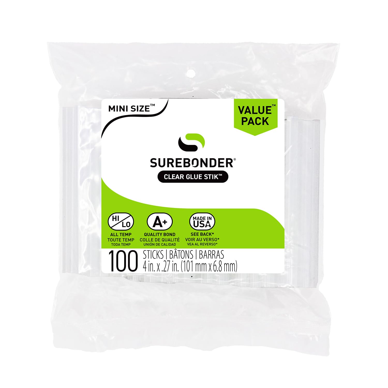 أعواد صمغ ساخن صغيرة الحجم Surebonder DT-100 لمسدسات الصمغ الصغيرة بقطر 0.27 بوصة وطول 4 بوصات - متعددة الاستخدامات، لجميع درجات الحرارة - رائعة للمشاريع اليدوية والفنون والحرف اليدوية - عبوة من 100 قطعة، شفافة