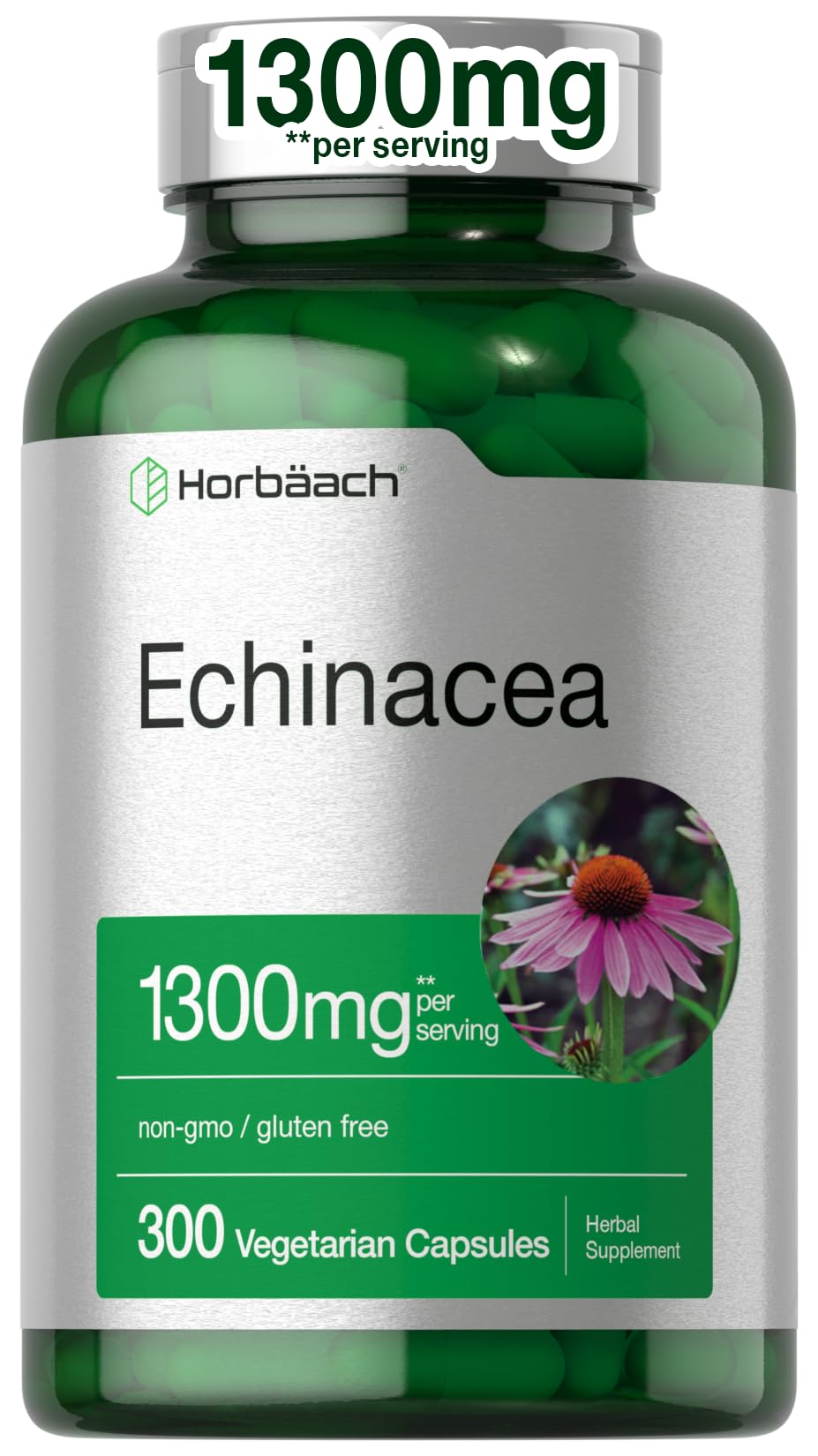 Horbaach Echinacea-Extrakt Kapseln 1300mg | 300 Stück | Vegan, gentechnikfrei, glutenfreies Nahrungsergänzungsmittel
