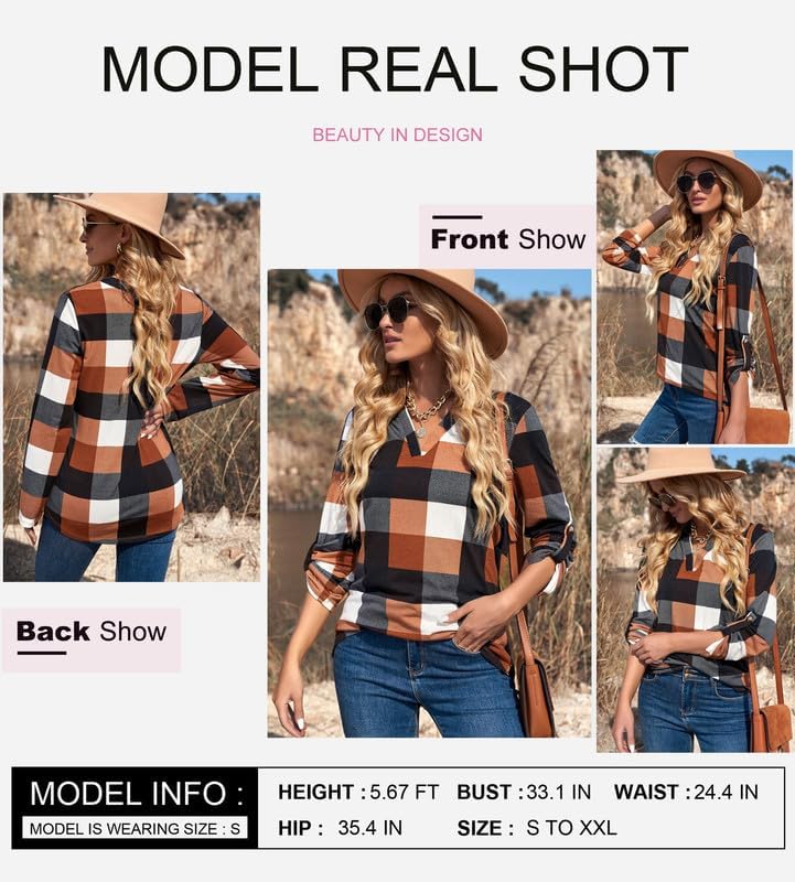 Dokotoo Womens Spring Summer Fall Fashion Casual Ladies Basic Cotton Cuffed 3/4 Long Sleeve Plaid Print V Neck Work Tunic Tops and Blouses Shirts for Women 2024 Orange