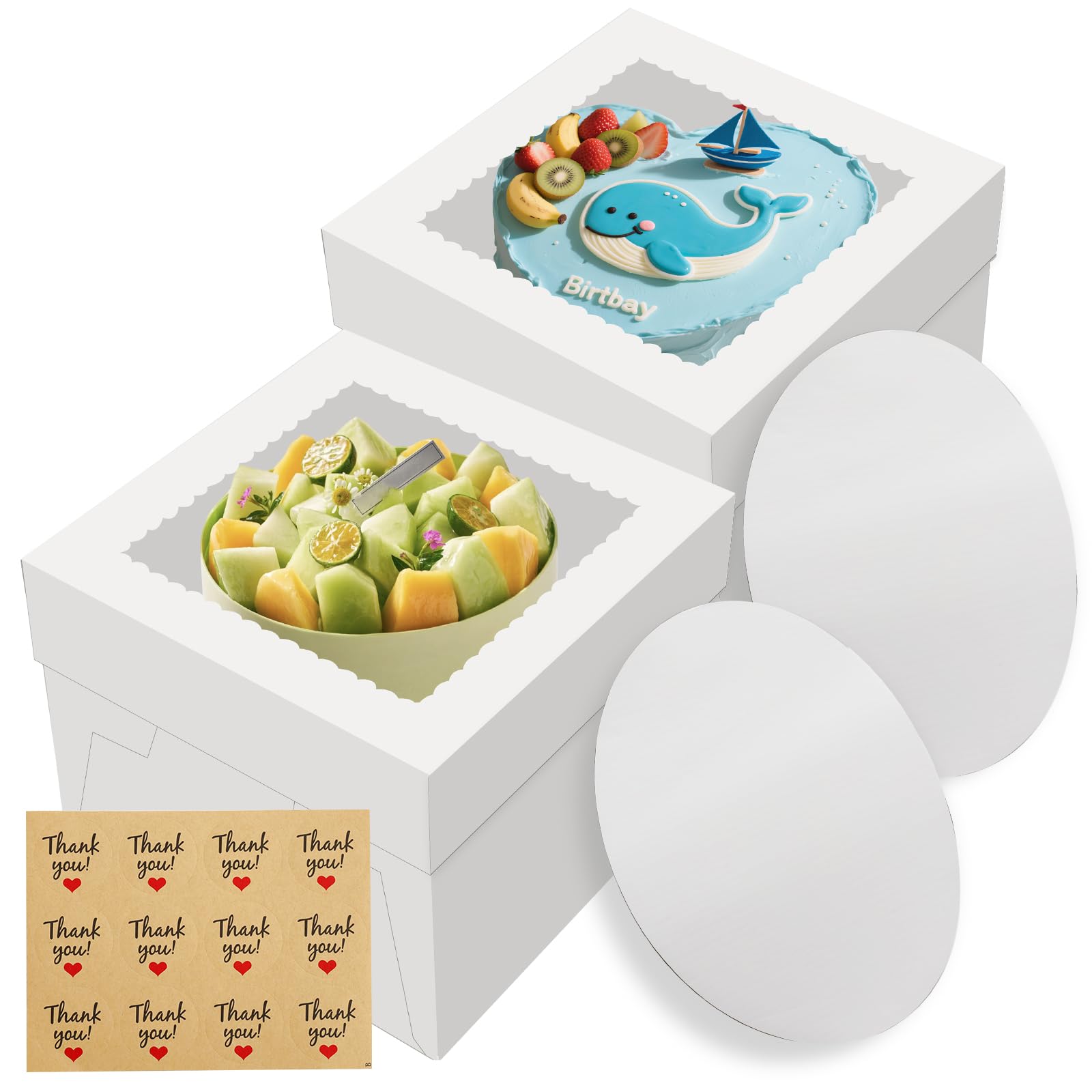 LNDIEHS 2 Pack Cake Boxes, 12x12x8 Inches Tall Cake Box with Cake Boards, White Bakery Boxes with Large Window, Disposable Cakes Transport Containers with Lids, for Cookies, Pies, Wedding, Birthday