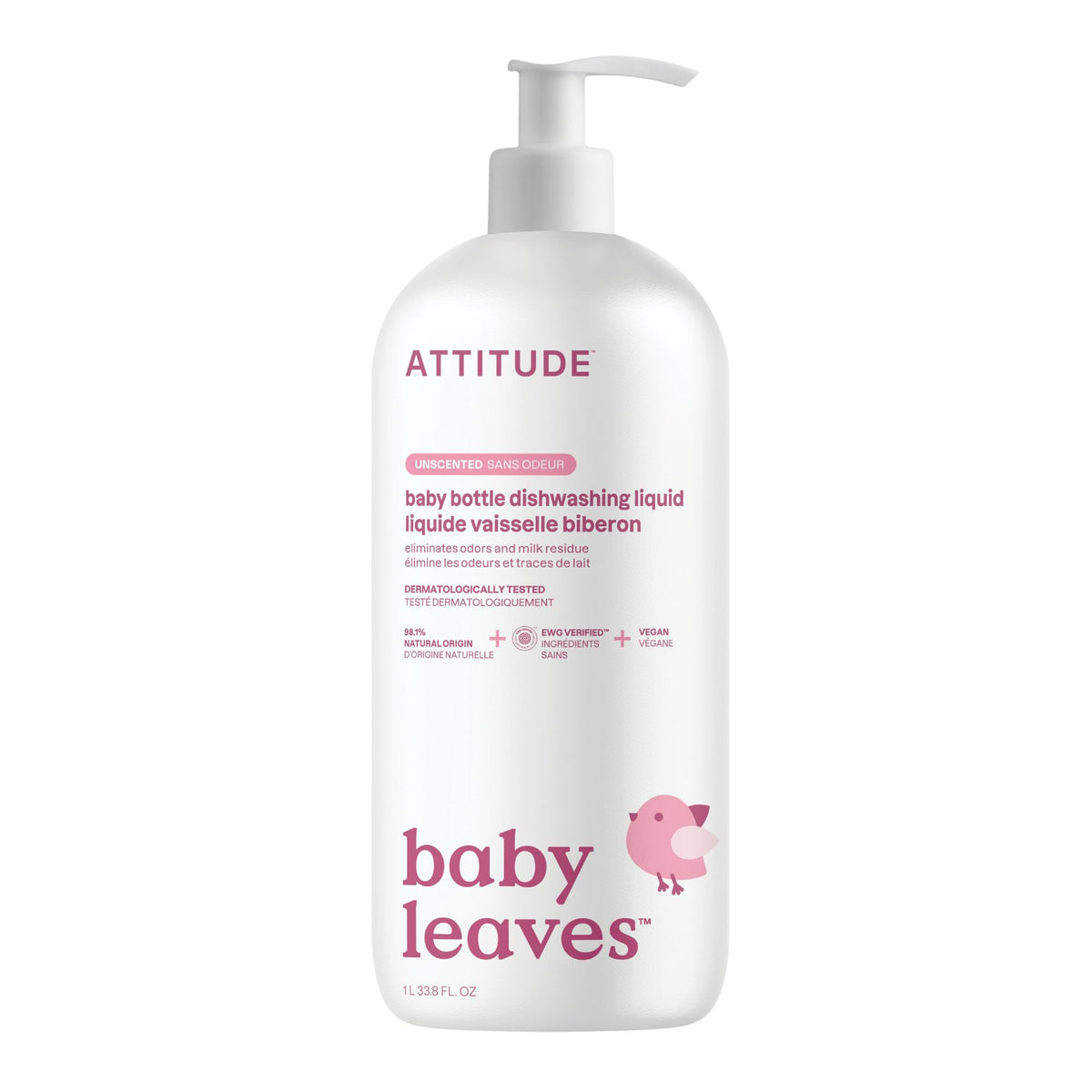 ATTITUDE Baby Spülmittel und Flaschenreiniger, EWG-verifiziertes Spülmittel, ohne Zusatz von Farb- oder Duftstoffen, hartnäckig gegen Milchreste und Fett, vegan, unparfümiert, 33,8 fl oz