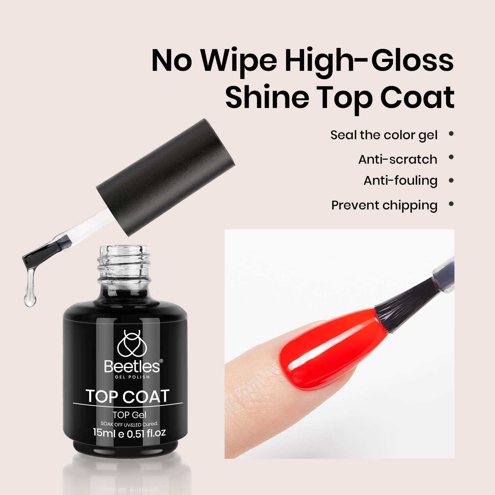 beetles Gel Polish No Wipe Gel Top Coat - Clear Color Top Coat Gel Nail Polish Shine Finish and Long Lasting, Soak Off Nail Lamp, 15ml Fall Gifts for Girls