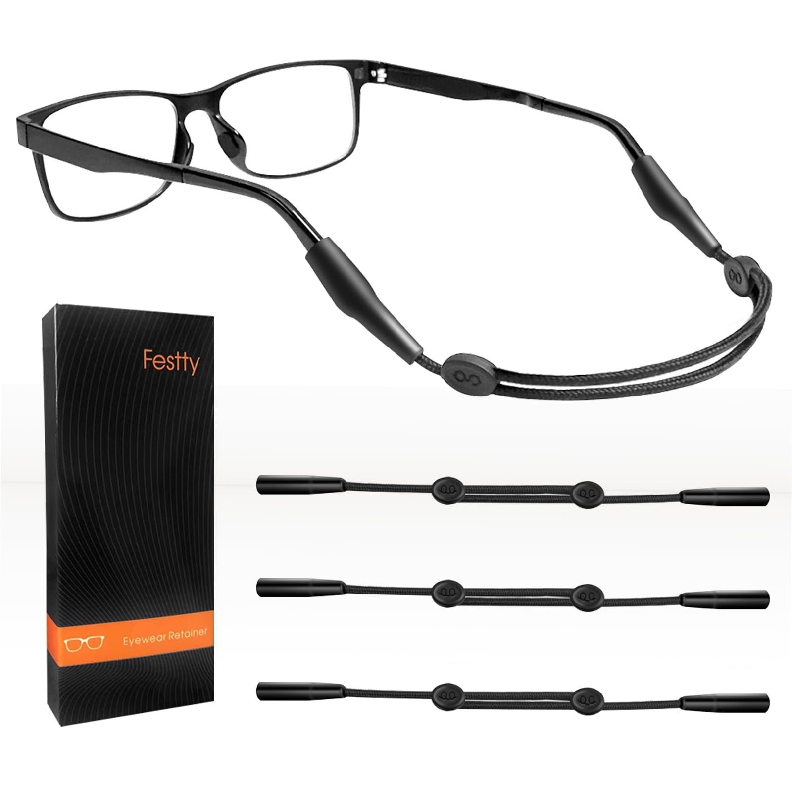 Festty Glasses Strap Sports 3 pcs، حزام نظارات لحمل النظارات للأطفال والنساء والرجال، سلسلة حبل رباط نظارات شمسية قابلة للتعديل، حامل نظارات قراءة حول الرقبة، حامل نظارات (أسود)