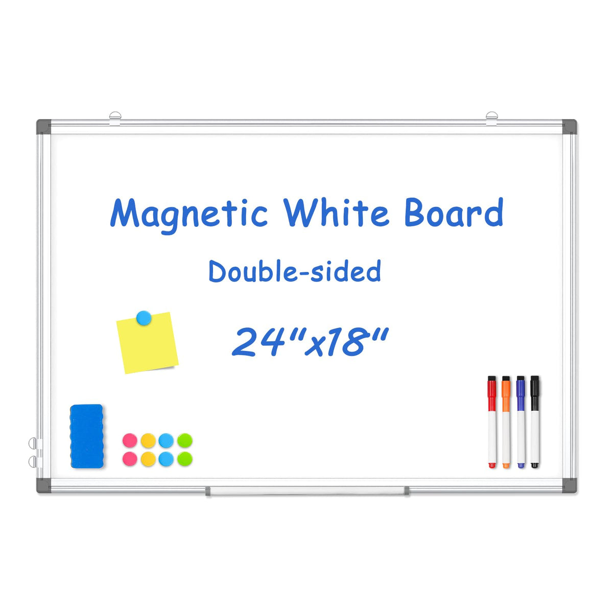 WALGLASS doppelseitige weiße Tafel, 60 x 45 cm trocken abwischbare Magnettafel für die Wand, aufhängbare Wandtafel, silberner Aluminiumrahmen für Zuhause, Schule, Büro, Küche