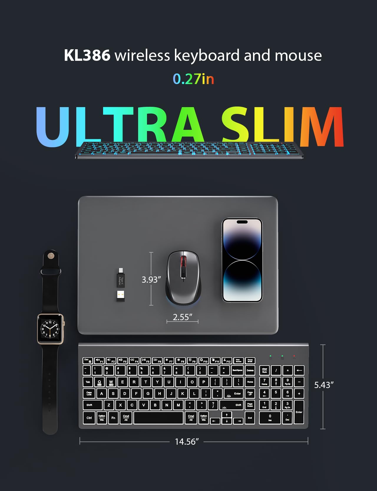 SABLUTE Wireless Keyboard and Mouse Combo Backlit - Compact Quiet Keyboard with RGB Mouse, Rechargeable, Slim, Sleep Mode, Portable Cordless Keyboard Mouse Set for Mac, Windows, Laptop (Space Gray)