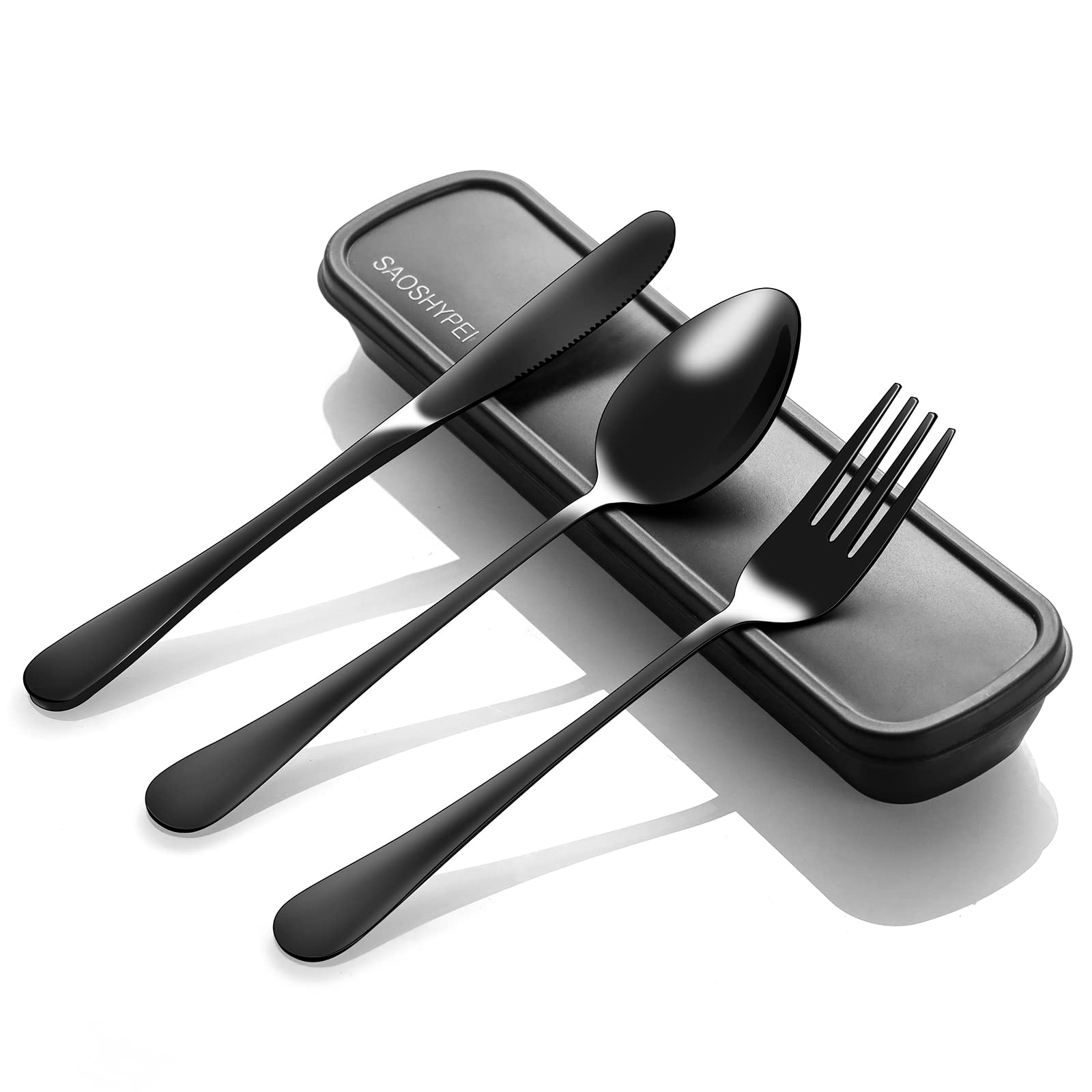 Tragbares Besteckset mit Etui, 4-teilig, wiederverwendbares Edelstahlbesteck für Mittagessen, Camping, Schule, Picknick, Arbeitsplatz, Reisen, Lunchbox inklusive Gabel, Löffel, Messer, leicht zu reinigen, spülmaschinenfest (Schwarz)