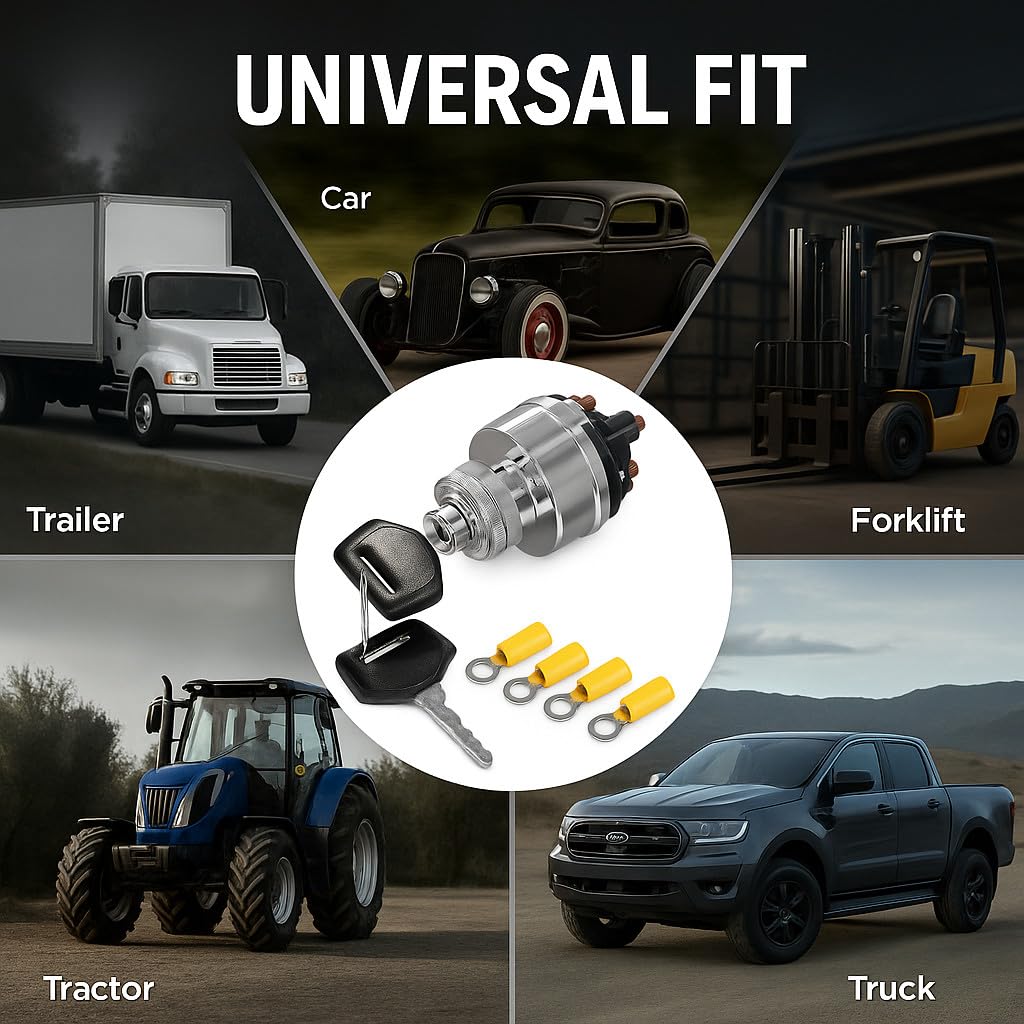 MGI SpeedWare 4-Position Universal Ignition Key Switch for 12V Car, Truck, Tractor, Trailer, Forklift - Acc/Off/IGN/(Start)