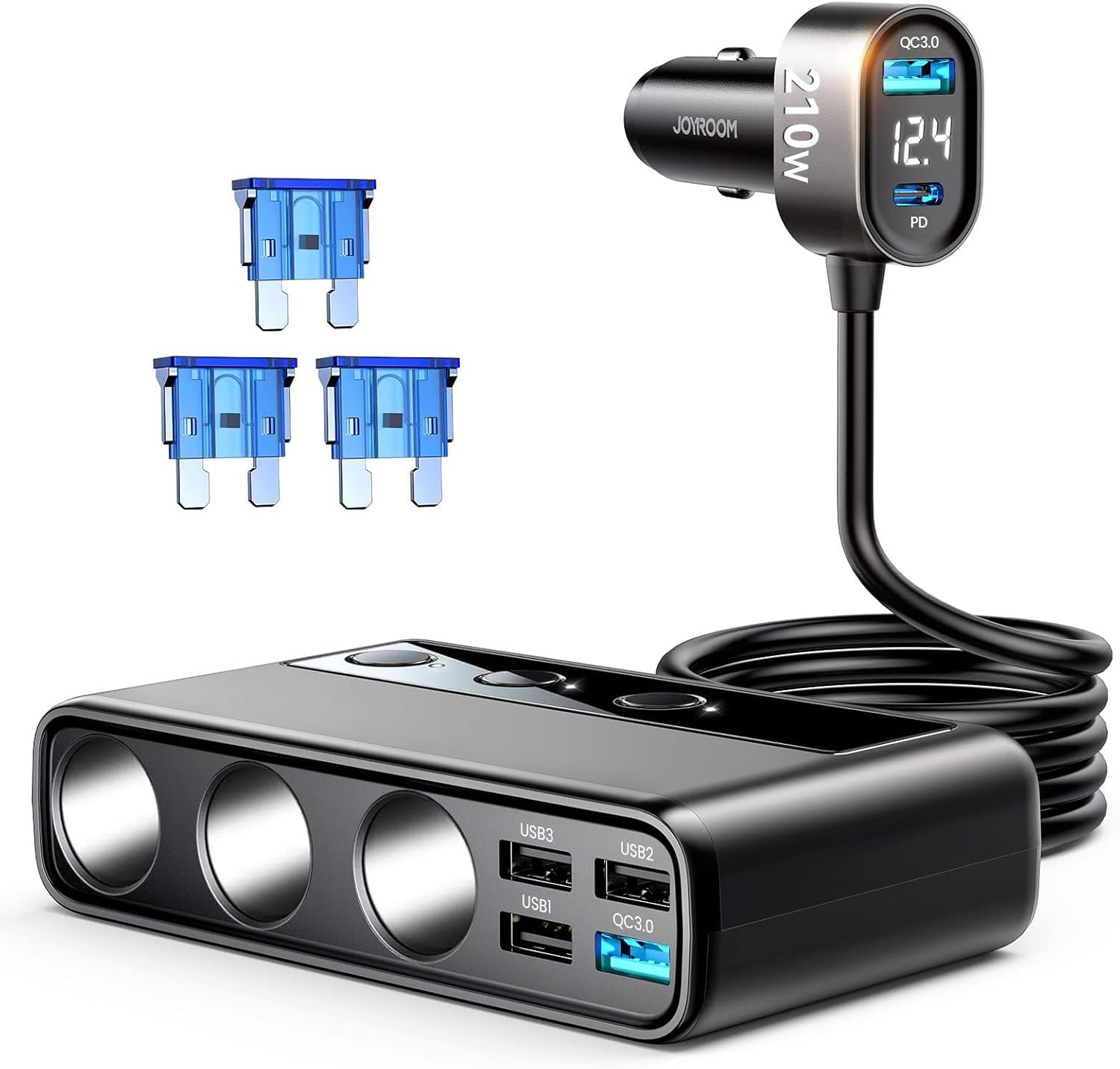 9 in 1 Cigarette Lighter Splitter, JOYROOM 210W Cigarette Lighter Adapter with PD/QC 3.0 * 2 Charge(3.3FT Cable), 12V/24V Independent Switches DC Cigarette Outlet Car Charger for All Car Devices