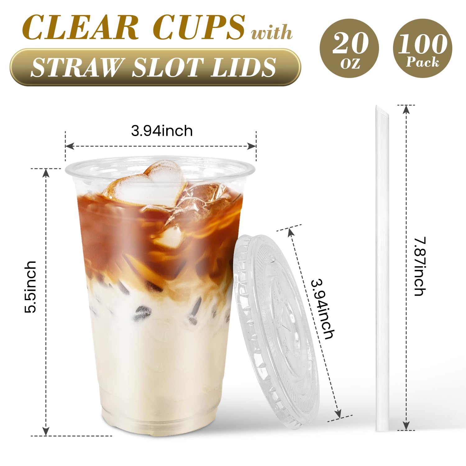 Ginkgo 100-Pack 20oz Clear Plastic Iced Coffee Cups with Lids and Straws, Disposable To Go Cups for Smoothies, Milkshake, Cold Beverages, Coffee Bar Accessories