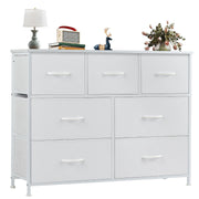 OLIXIS Dresser for Bedroom, 7 Storage Drawers, Wide Fabric Closet Chests Organizer Tower Furniture, TV Stand with Wooden Top Metal Frame for Clothes, Living Room, Hallway, Entryway, Classic White