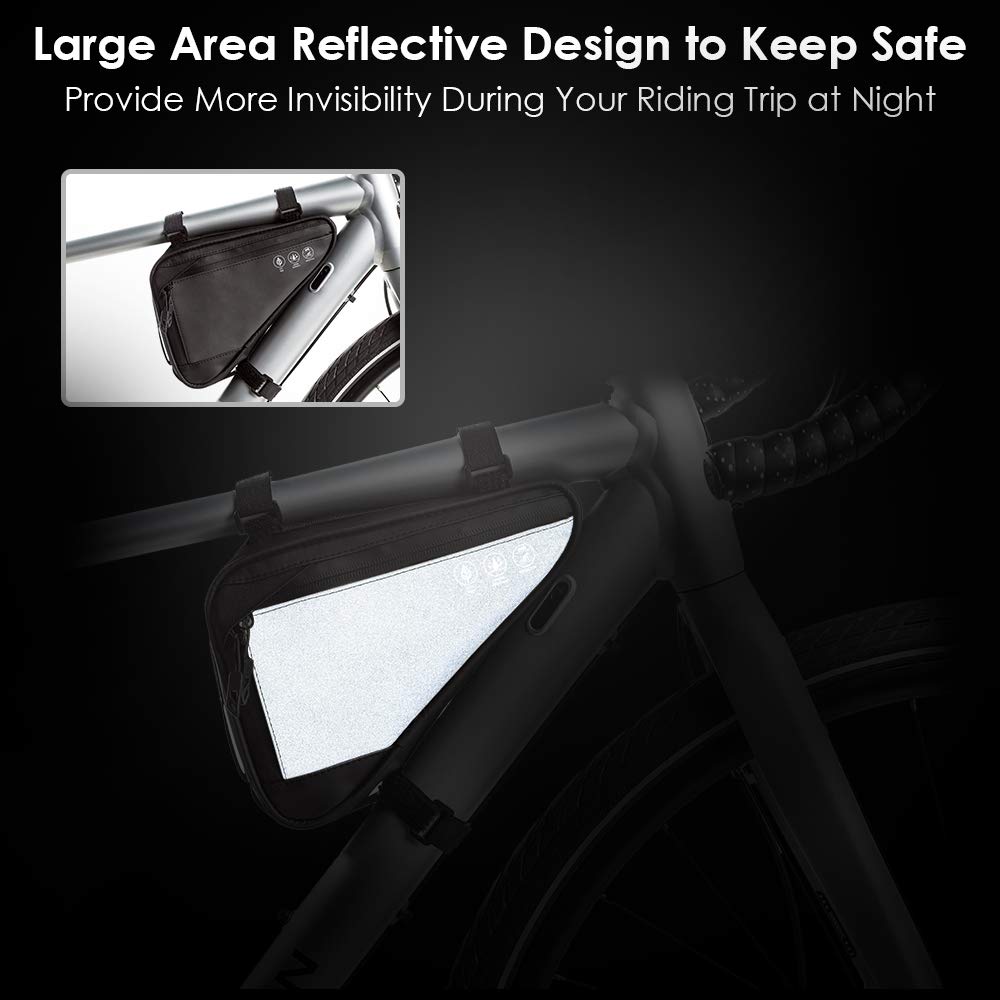 WOTOW Bike Frame Storage Bag, Water Resistant Reflective Bicycle Triangle Bag with Two Side Pockets, Strap-On Under Seat Tool Accessories Pouch for Mountain Road Bike Trip (2L)