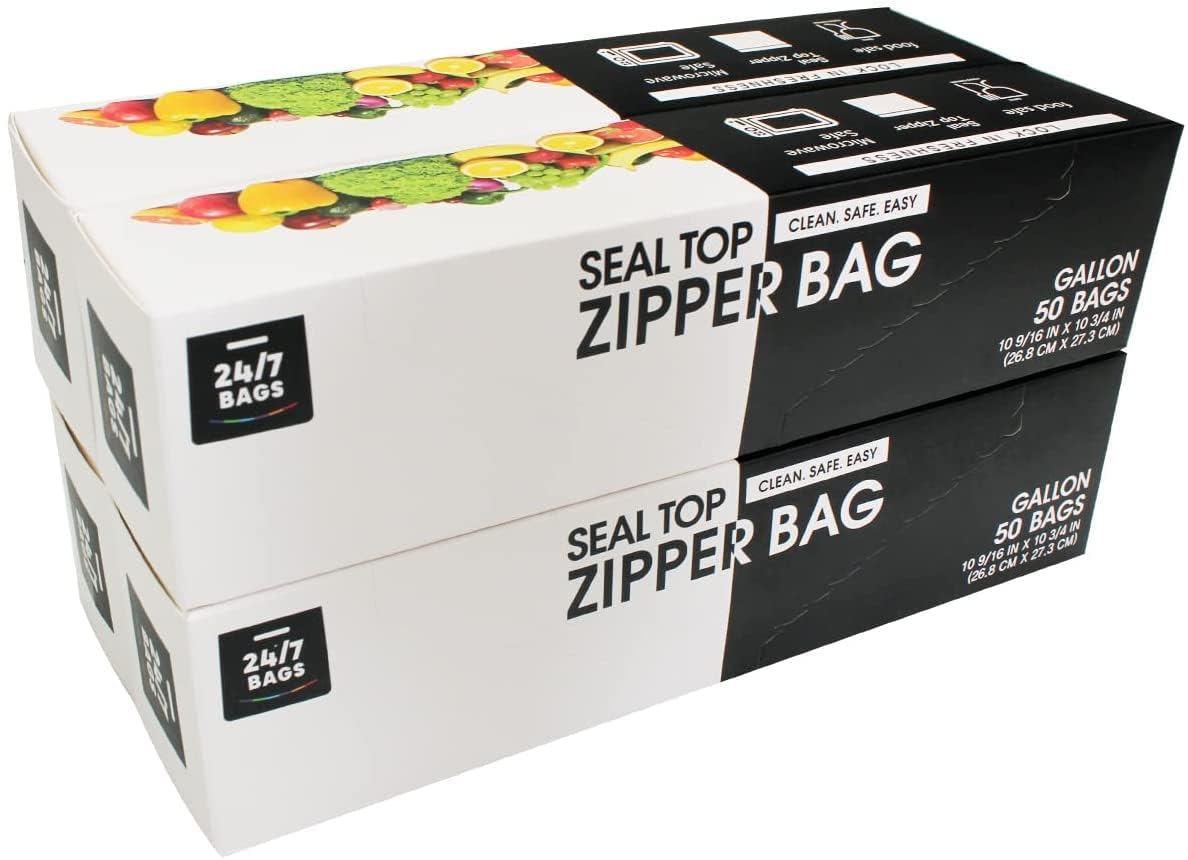 24/7 Bags – Gallonen-Reißverschluss-Vorratsbeutel, 200 Stück, doppelter Reißverschluss, Easy Grip Öffnungslaschen, Beschriftungsfeld, BPA-frei & strapazierfähig, mikrowellengeeignet, nicht standfest