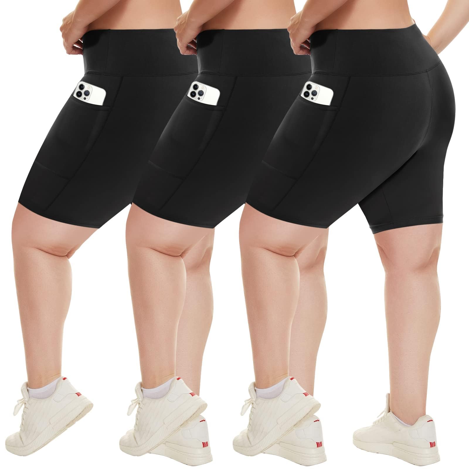 HLTPRO 3er-Pack große Biker-Shorts mit Taschen für Damen – 8 Zoll hohe, elastische Spandex-Trainings-Radlerhosen für Yoga und Workout