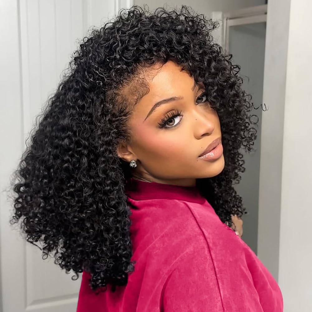 QUANDIAN Kinky Curly Half Wig Echthaar 200% Dichte Wear Go Glueless Wigs Echthaar 20 Zoll Curly 3 In 1 Half Wigs für Frauen Tunnelzug Nahtloses Flip Stirnband Perücke Anfängerfreundlich