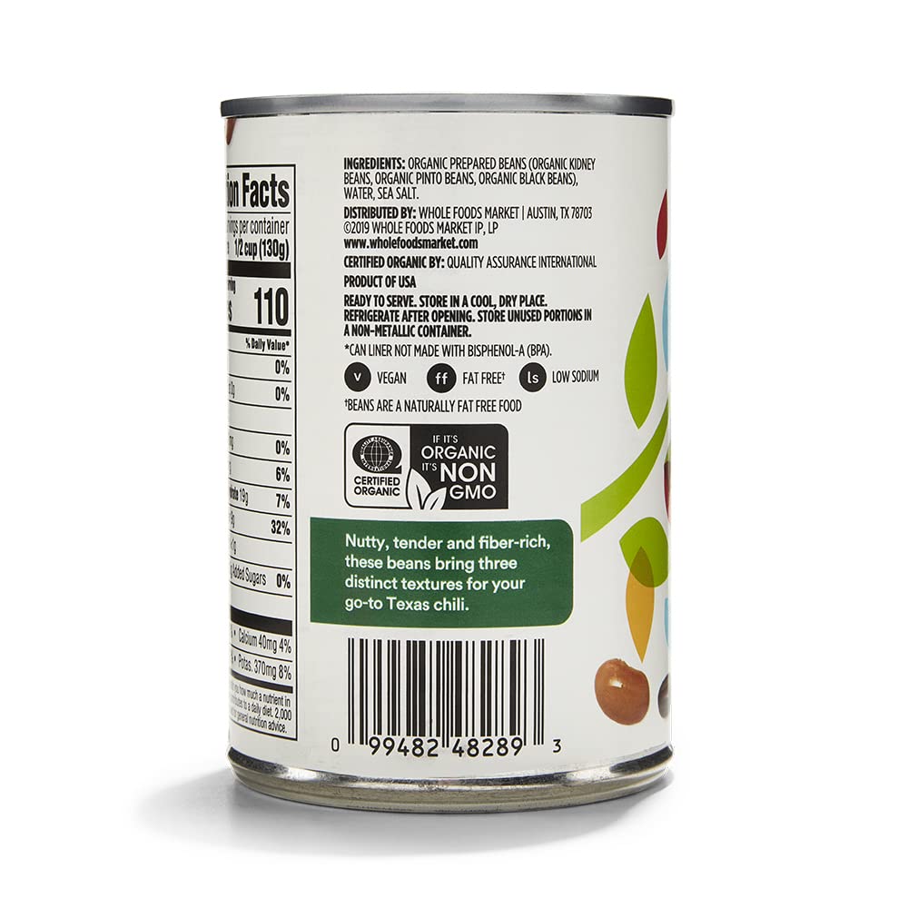 365 by Whole Foods Market, Organic Bean Trio (Kidney, Pinto, & Black Beans), 15 Ounce