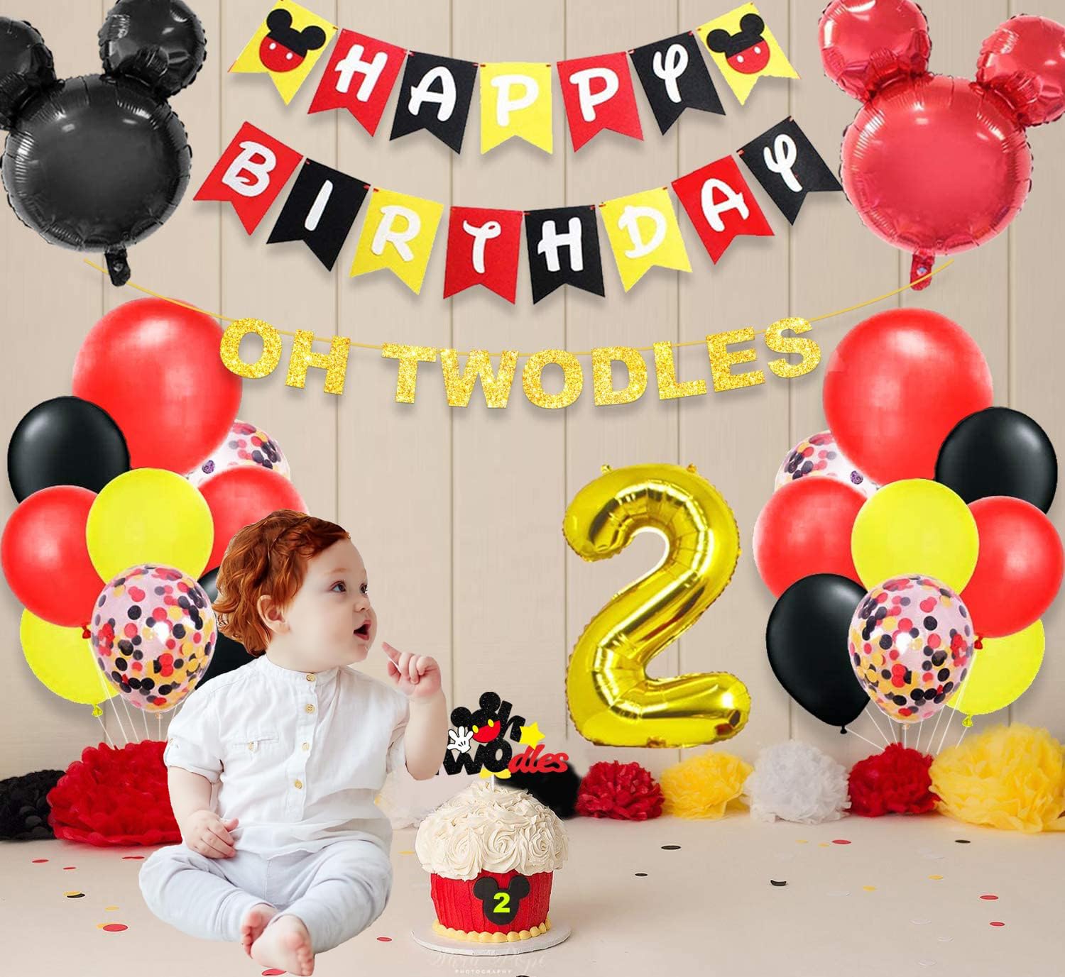 Mickey Mouse 2nd Birthday Party Supplies Oh Twodles Theme Party Decorations Includes Felt Banner,Welcome Hanger Door Sign, Tablecloth,Cake Cupcake Toppers,Mickey Head Balloons, 12 Latex Balloon,