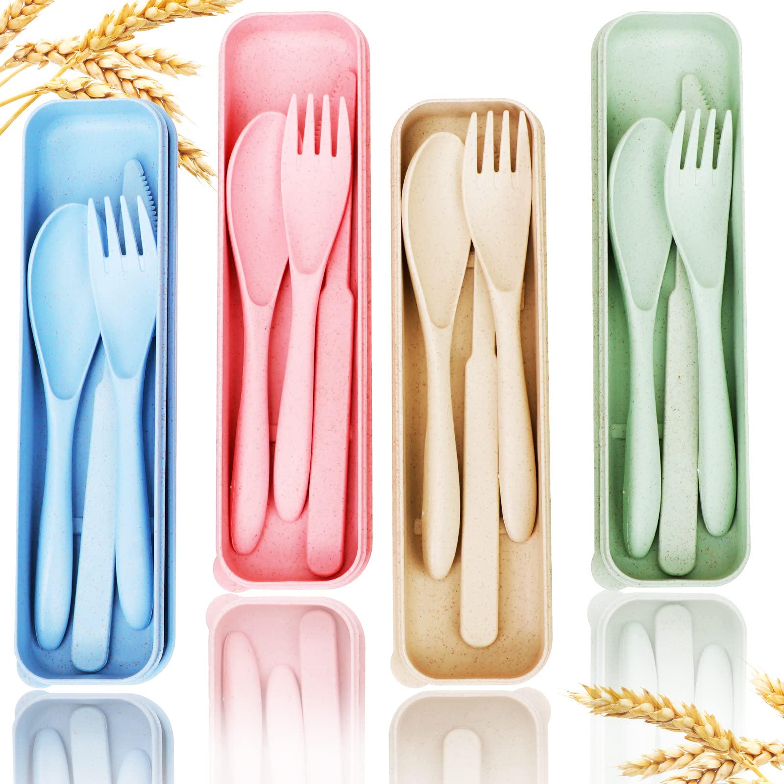 Wiederverwendbares Reisebesteck-Set mit Etui, 4 Sets aus Weizenstroh, tragbare Messer, Gabeln, Löffel, Geschirr, umweltfreundliches BPA-freies Besteck für Kinder und Erwachsene, Picknick, Camping (Grün, Beige, Rosa, Blau)