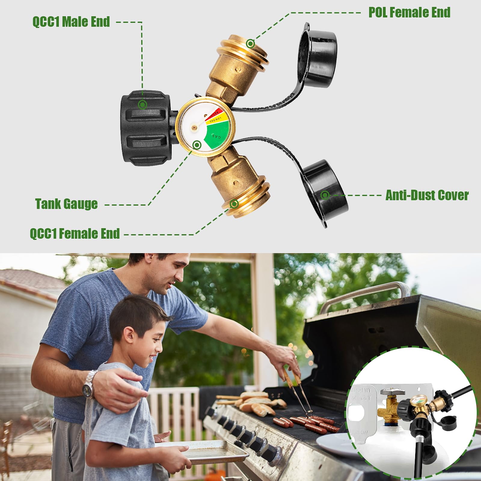 Propane Tank Splitter with Gauge, Propane Splitter 2 Way, Propane Y Splitter Adapter with Shut Off Valve, Propane Hose Splitter Manifold for Camping Stoves, Heater, BBQ Grills, Gas Burners and More