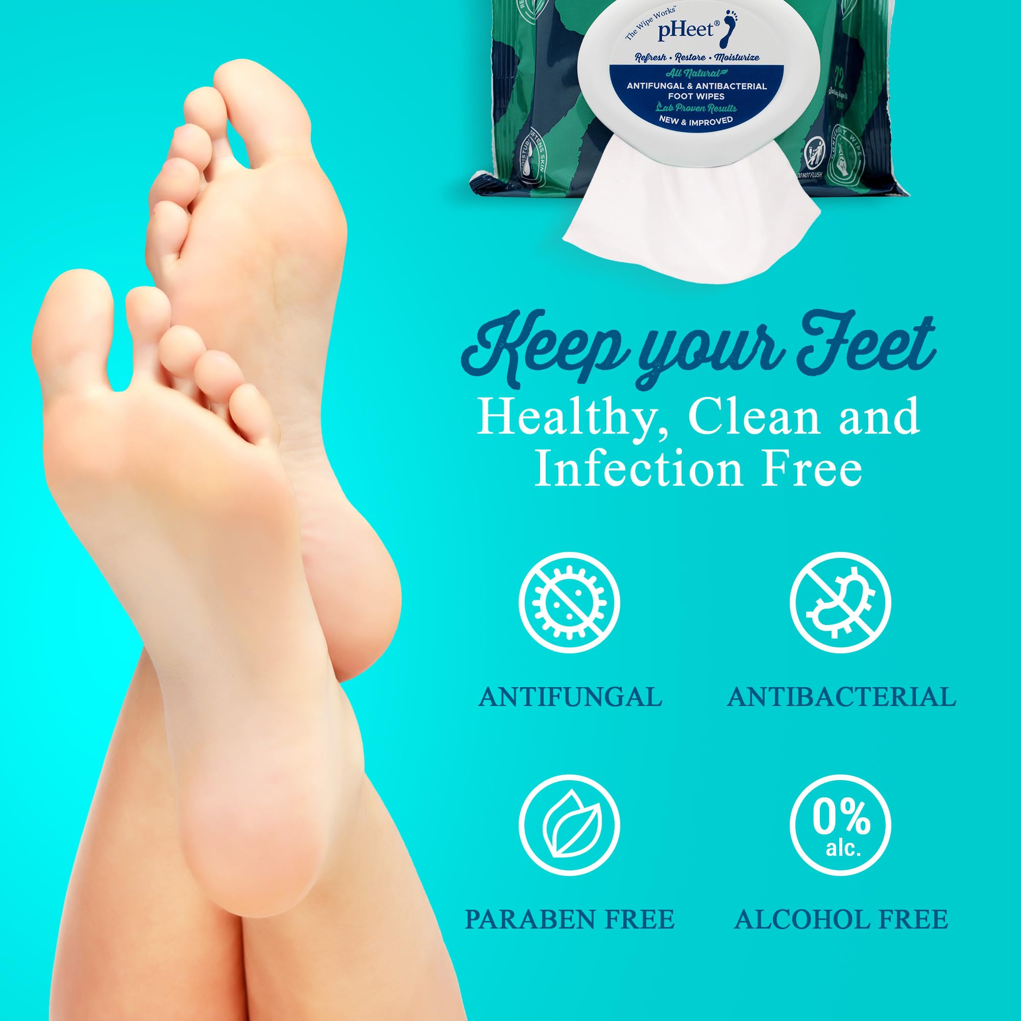pHeet® Foot Wipes All-Natural Antifungal & Antibacterial Formula, Cleanses, Moisturizes, Prevents & Kills Athletes Foot, Toenail & Foot Fungus, Odor & Improves Dry, Cracked, Flaky & Diabetic Skin 72ct