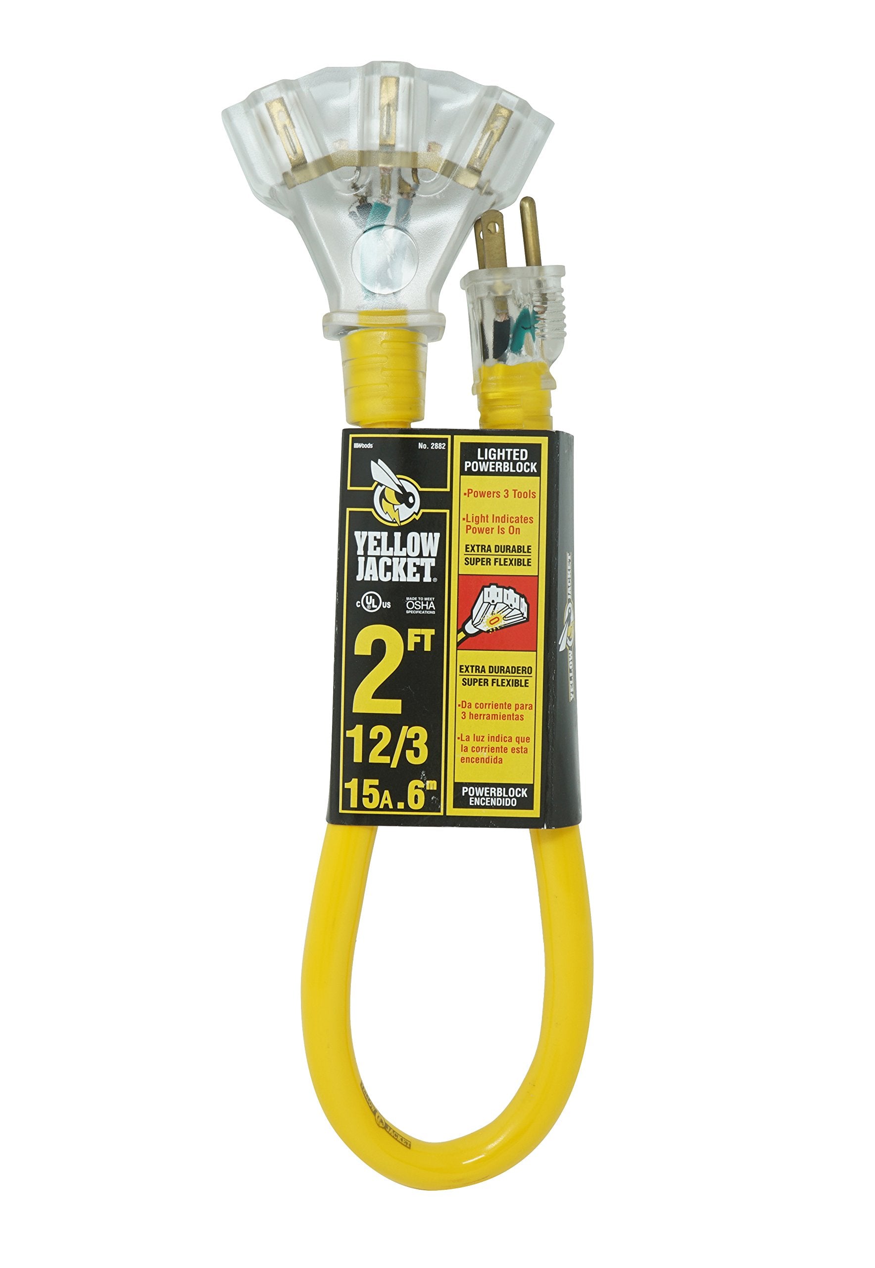 Yellow Jacket 2882 12/3 Heavy Duty 15-Amp, 125 Volts 1875 Watts, Premium SJTW Contractor Grade 3 Outlet Extension Cord with Lighted End, 2-Feet, Yellow, UL Listed, 2 Foot,...