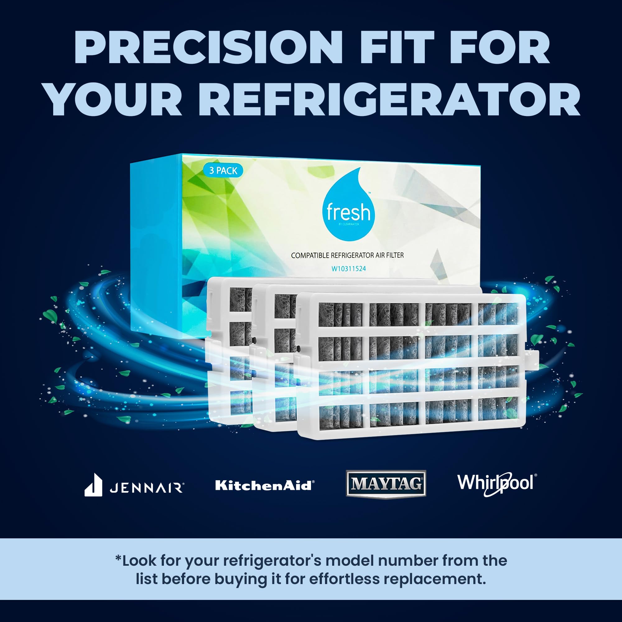 Mist Fresh W10311524 Refrigerator Air Filter Replacement for Whirlpool, W10311524, AIR1, Maytag, Kitchenaid, and Jenn-Air, FreshFlow (3 Pack)