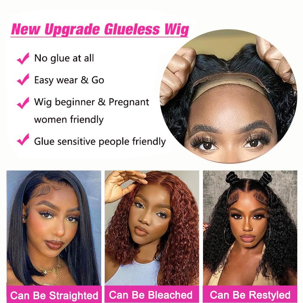 Srakuw Wear and Go Glueless Wigs Human Hair Pre Plucked Pre Cut Lace Front Wigs for Black Women 180 Density Water Wave Bob Wig Human Hair Curly Wig (14 Inch)