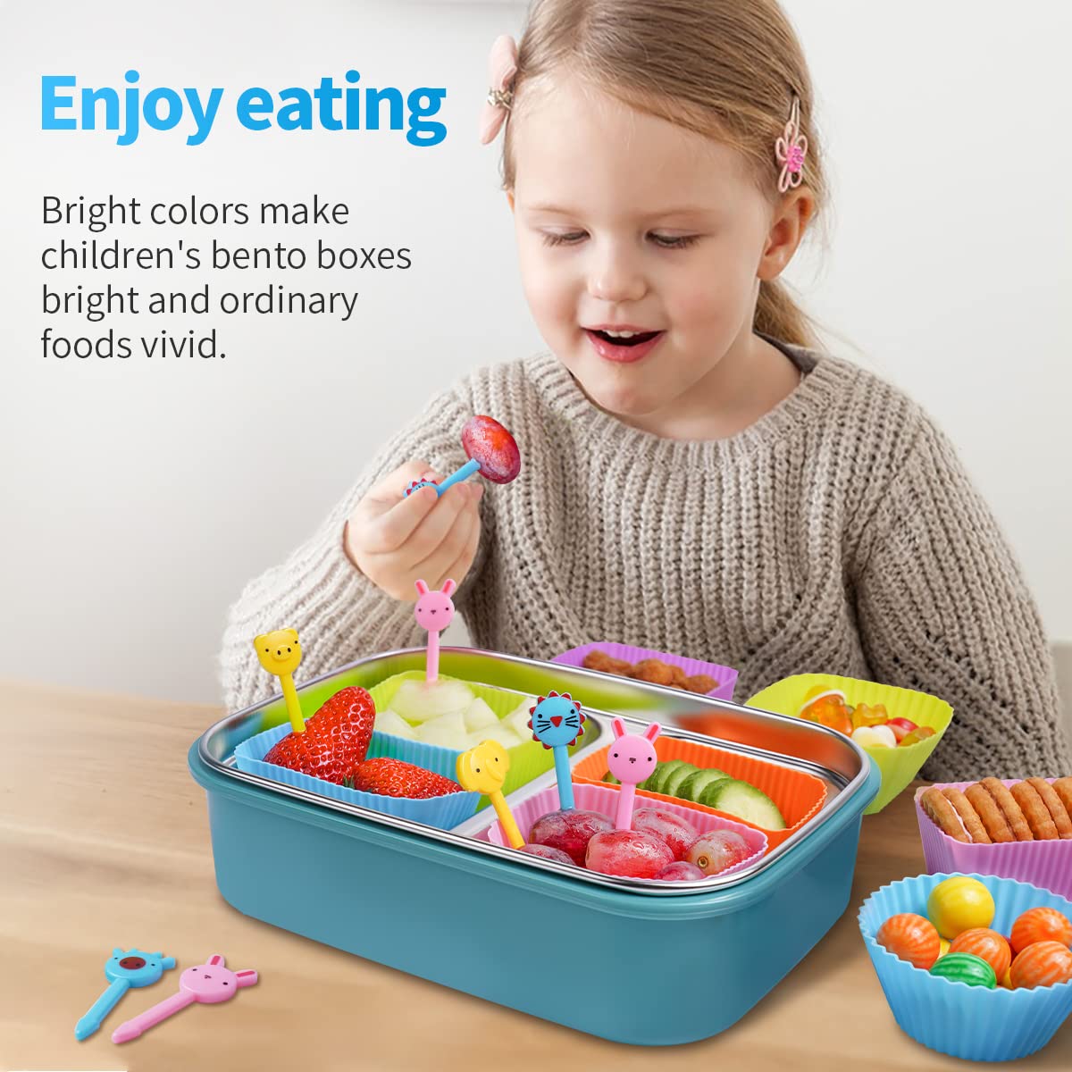 Silicone Lunch Bento Box, 52 Pack Bento Lunch Box Bundle Dividers with Food Picks Lunch Accessories, Durable, Reusable, BPA-Free, Freezer and Dishwasher Safe