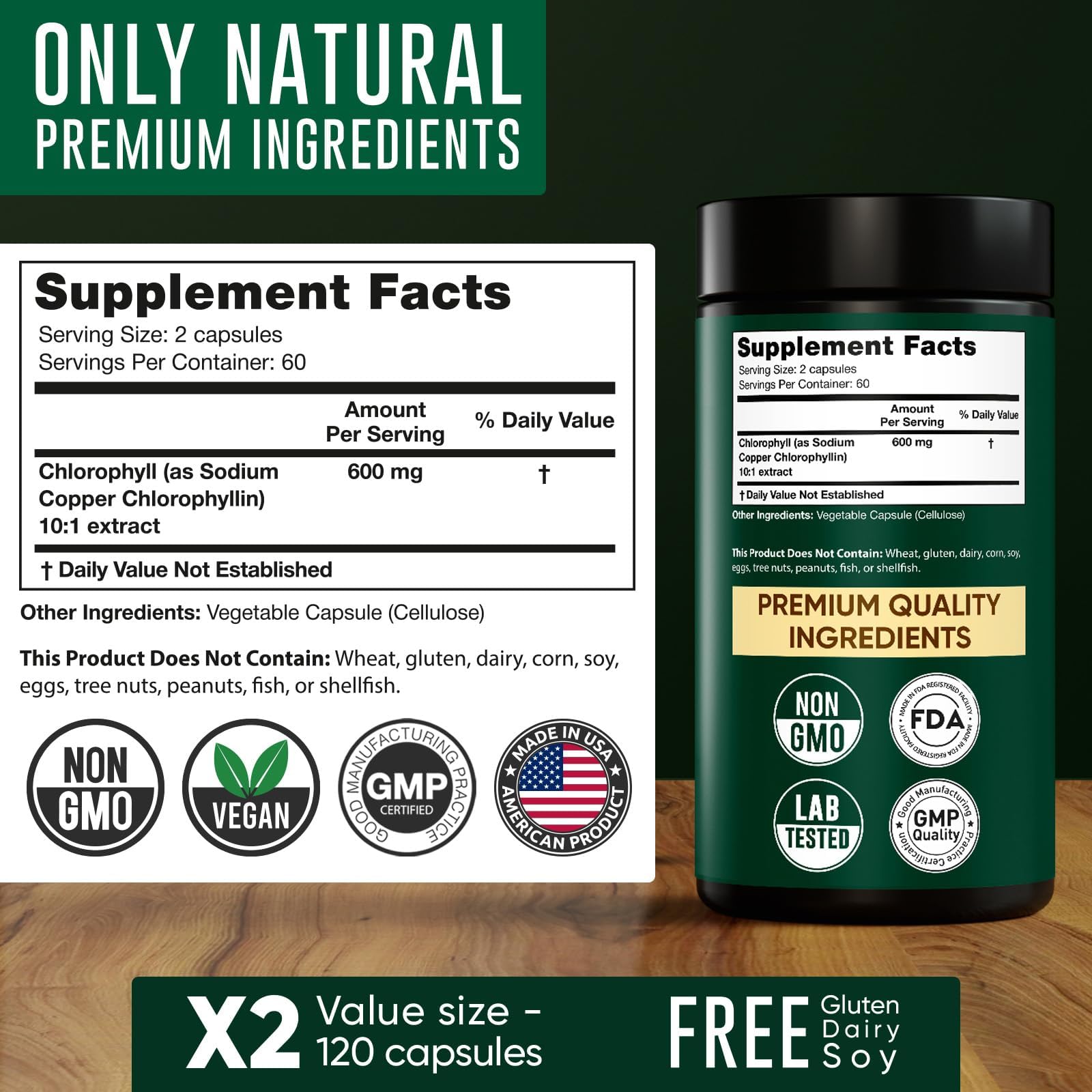 Chlorophyll Capsules 600 mg - Natural Chlorophyll Pills for Women & Men - Highly BioAvailable Chlorophyll Supplement for Energy, Immunity, Skin + Internal Deodorant