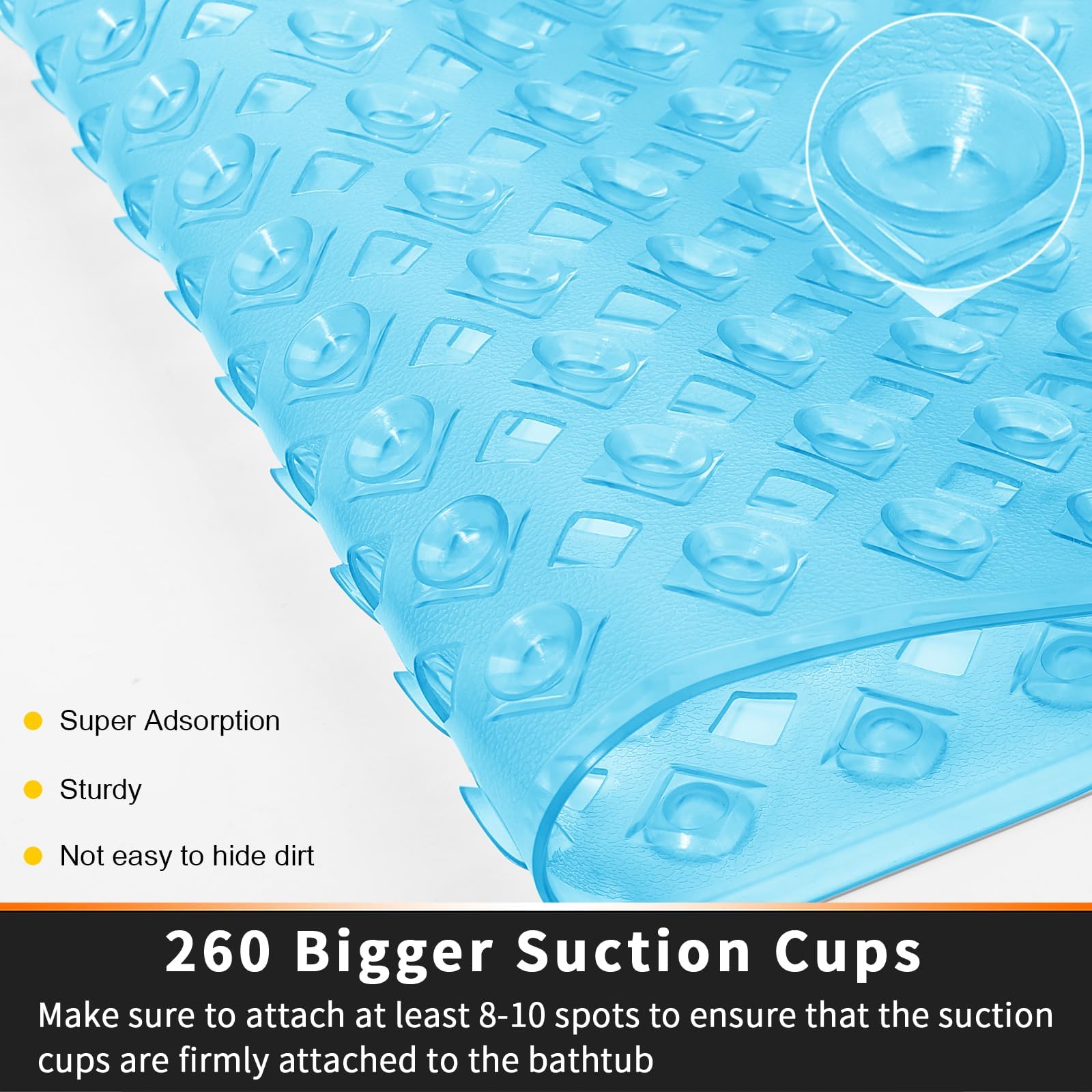 Yimobra Non Slip Bath Mat, Super Strong Suction Cups,34.5"x15.5"Long Tub Mat with Drain Holes, Machine Washable Fast Draining Shower Mats, Bathroom Essentials,Clear Blue
