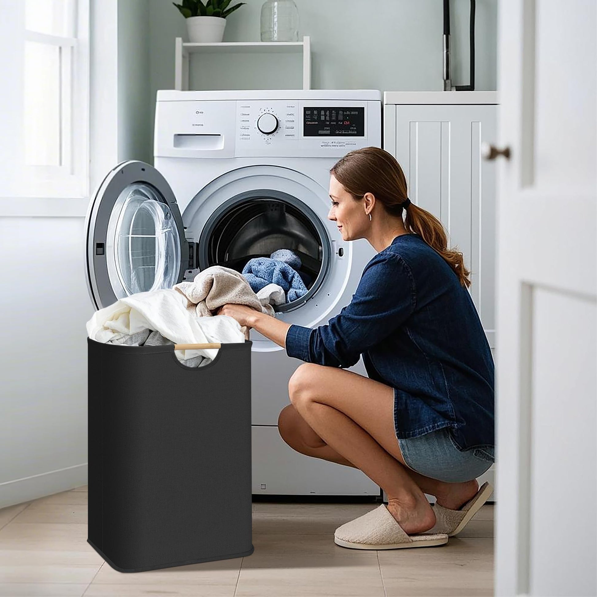 STORAGE MANIAC 2-Pack Large Laundry Hamper, 80L (21.1 Gal) Collapsible Laundry Basket with Bamboo Handles, Freestanding Waterproof Clothes Hamper for Laundry Room, Bedroom, Dorm, Towels, Toys, Black