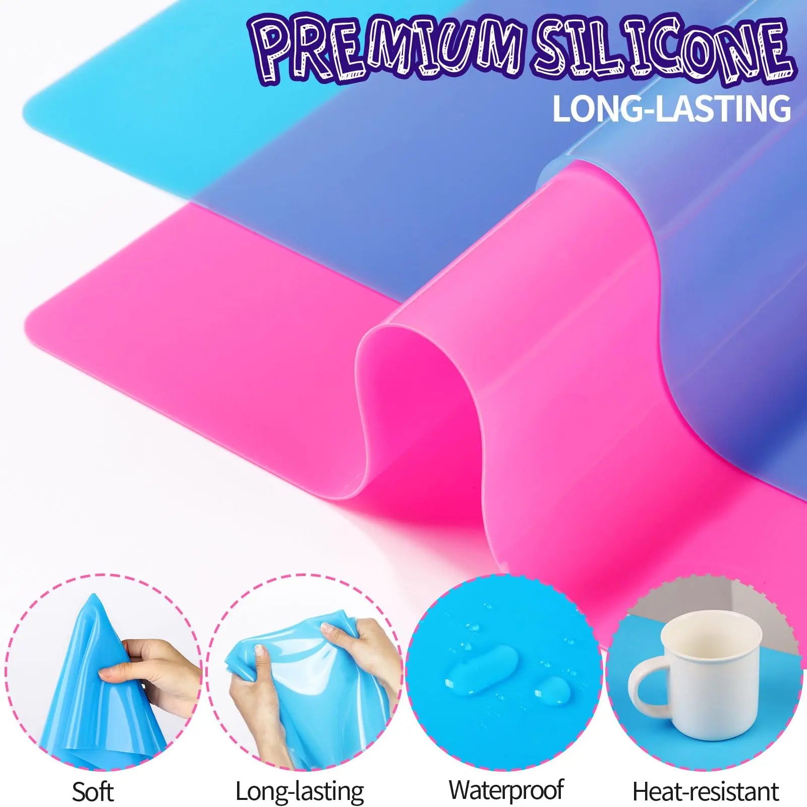 LEOBRO Silicone Mat for Resin Molds, 2 PCS 15.7" x 11.7" Playdough Mat, Silicone Mats for Crafts, Jewelry Resin Molds Mats, for Resin, Clay, Paint, Blue & Rose Red