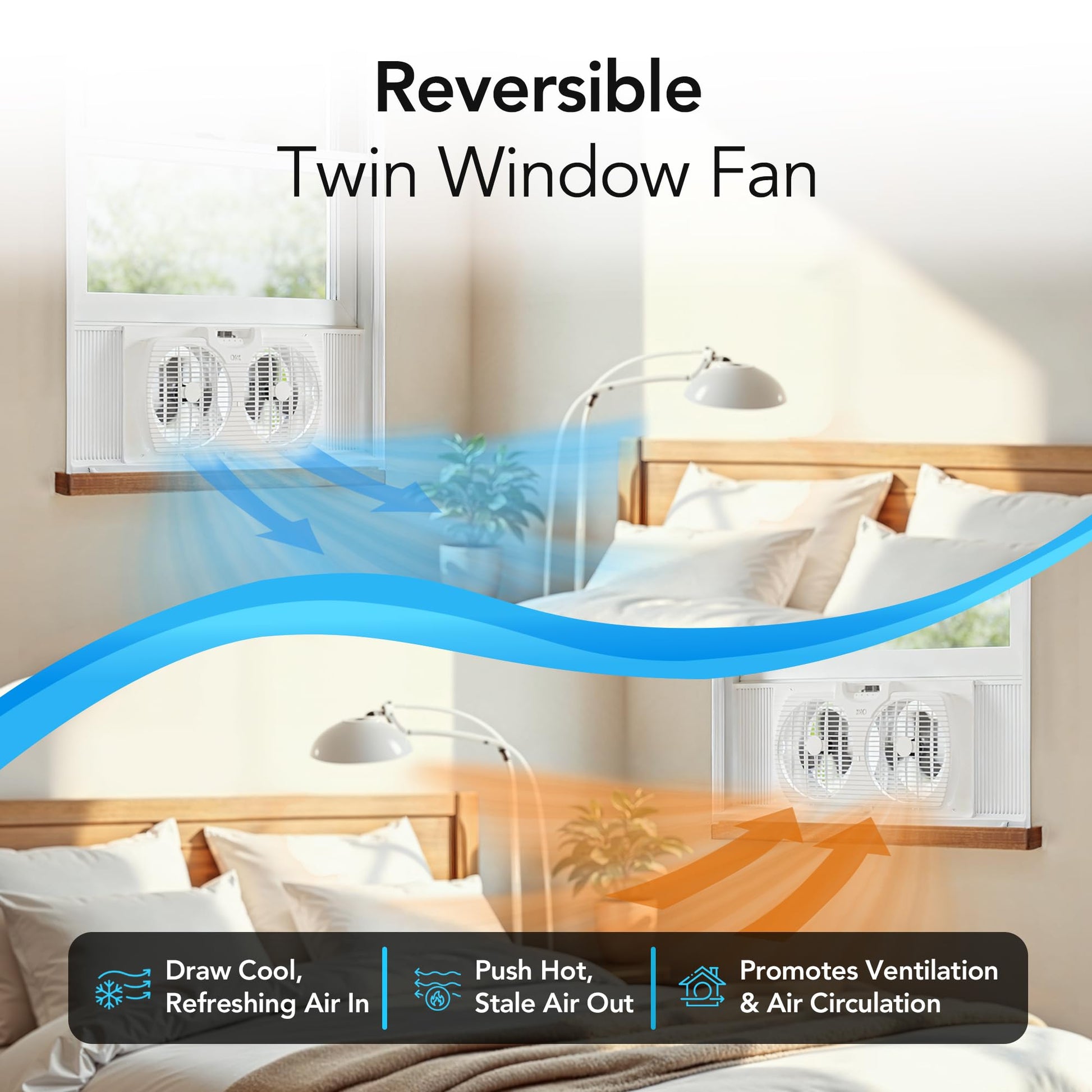 Comfort Zone Window Fan for Bedroom, 9 inch 3 Speed Dual Fans with Auto-Locking Expanders, Window Exhaust Fan, Removeable Bug Screen, White