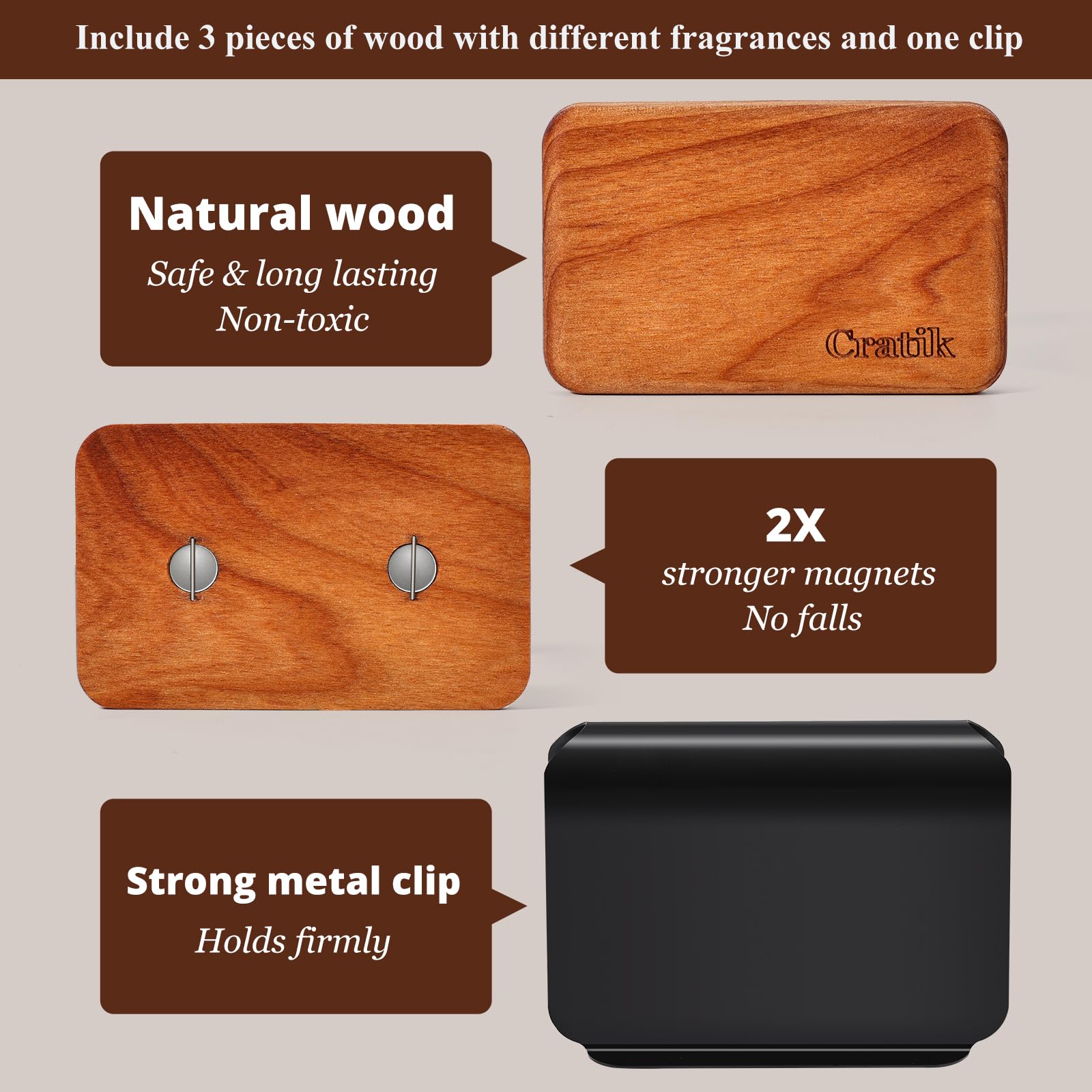 Car Air Freshener - Wood Air Freshener - Car Odor Eliminator for Visor Clip-Variety Scent Refill, Vehicle Scent Diffuser for Cabin, Truck & SUV - Pack of 3 (Teak-Amber-Cabana)-CLIP INCLUDED