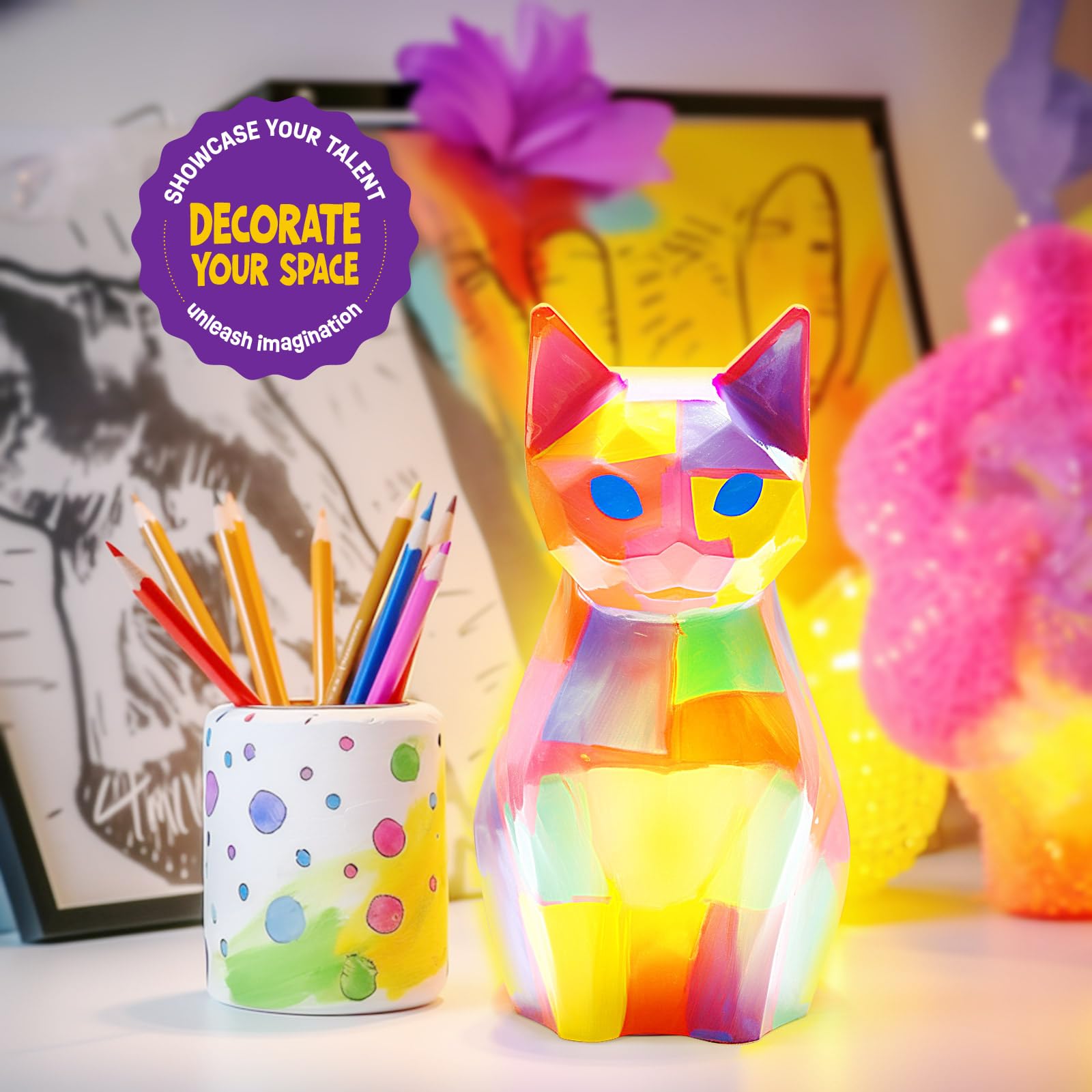 Paint Your Own Cat Lamp Kit, Arts and Crafts for Kids Ages 8-12, Art Supplies Painting kit for Kids 6-12, Cat Night Light Toys Girls Boy Birthday Gift for Kid Ages 3 4 5 6 7 8 9 10 11 12+