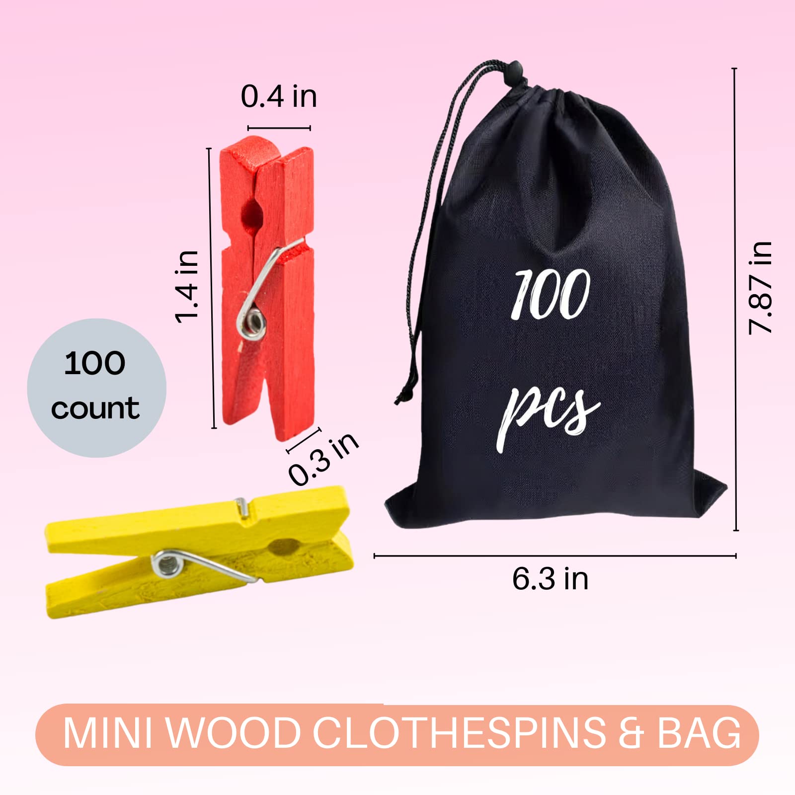 Clothespins, Small Clothes Pins for Photos, 1.4'' 100 PCS Natural Birchwood Mini Clothes Pins, Strong Springs Colorful Clothespins with Storage Bag, Mini Clothespins for Photos, Crafts, Pictures, Art