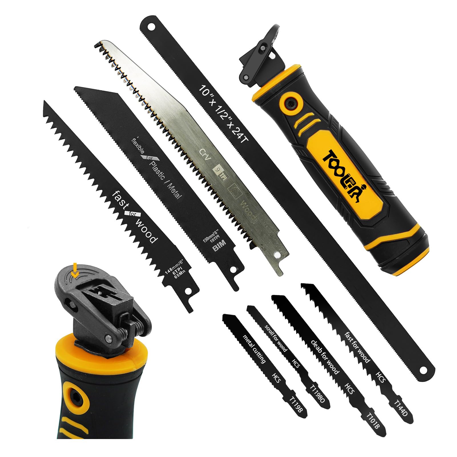 TOOLAN: 8-in-1 Multi-Klingen-Handsäge, Trockenbauschneider. Bügelsäge. Langblatt-Handsäge, Stichsäge, zum Schneiden von Trockenbauwänden, Gipskarton, Holz, Metall, Kunststoff, Sperrholz. Schneller Klingenwechselmechanismus.