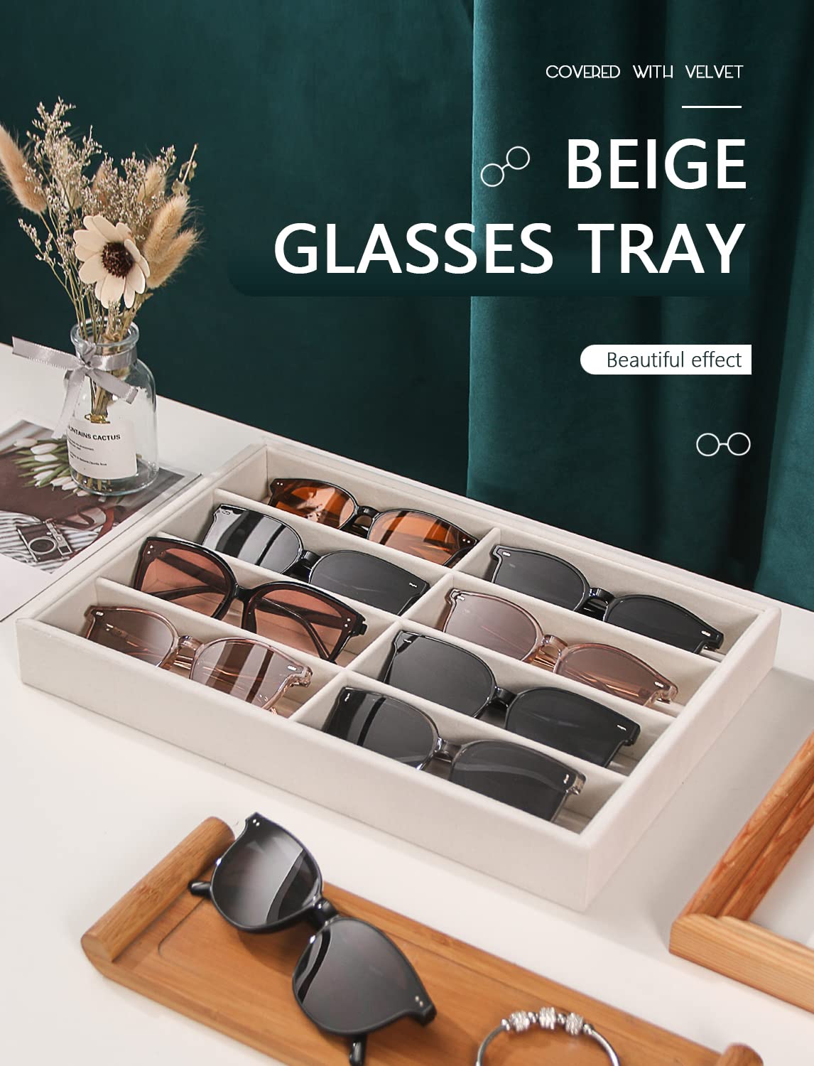 Coward Sunglass Organizer, Beige Velvet Glasses Trays - Eyeglasses Watches Jewelry Display - Men Women (8 Grids)