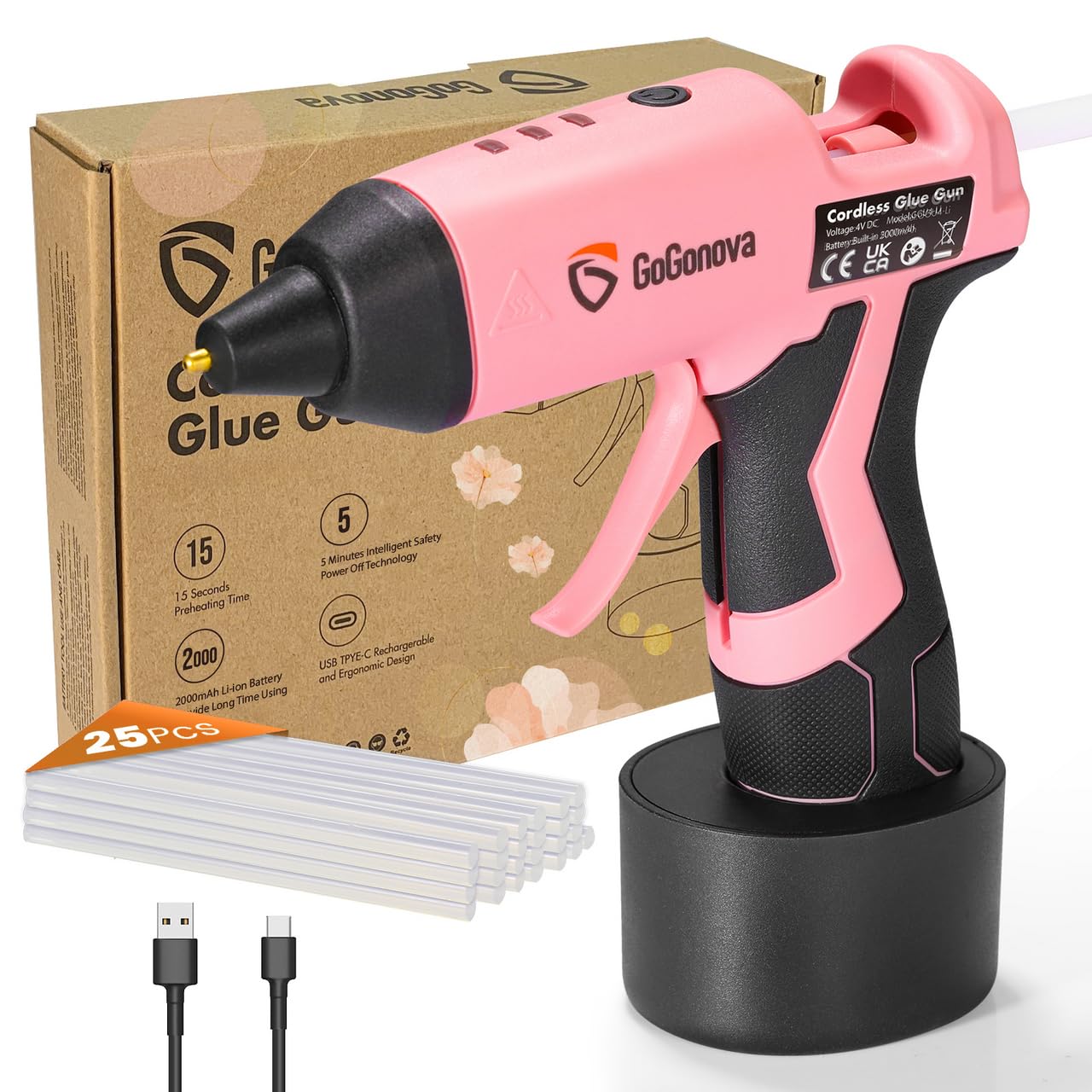 GoGonova Akku-Heißklebepistole, 15s schnelles Vorheizen 2Ah kabellose Heißklebepistole mit 25 Premium-Mini-Klebesticks, USB-C Akku-Heißklebepistole, Intelligente Abschaltung, Pink