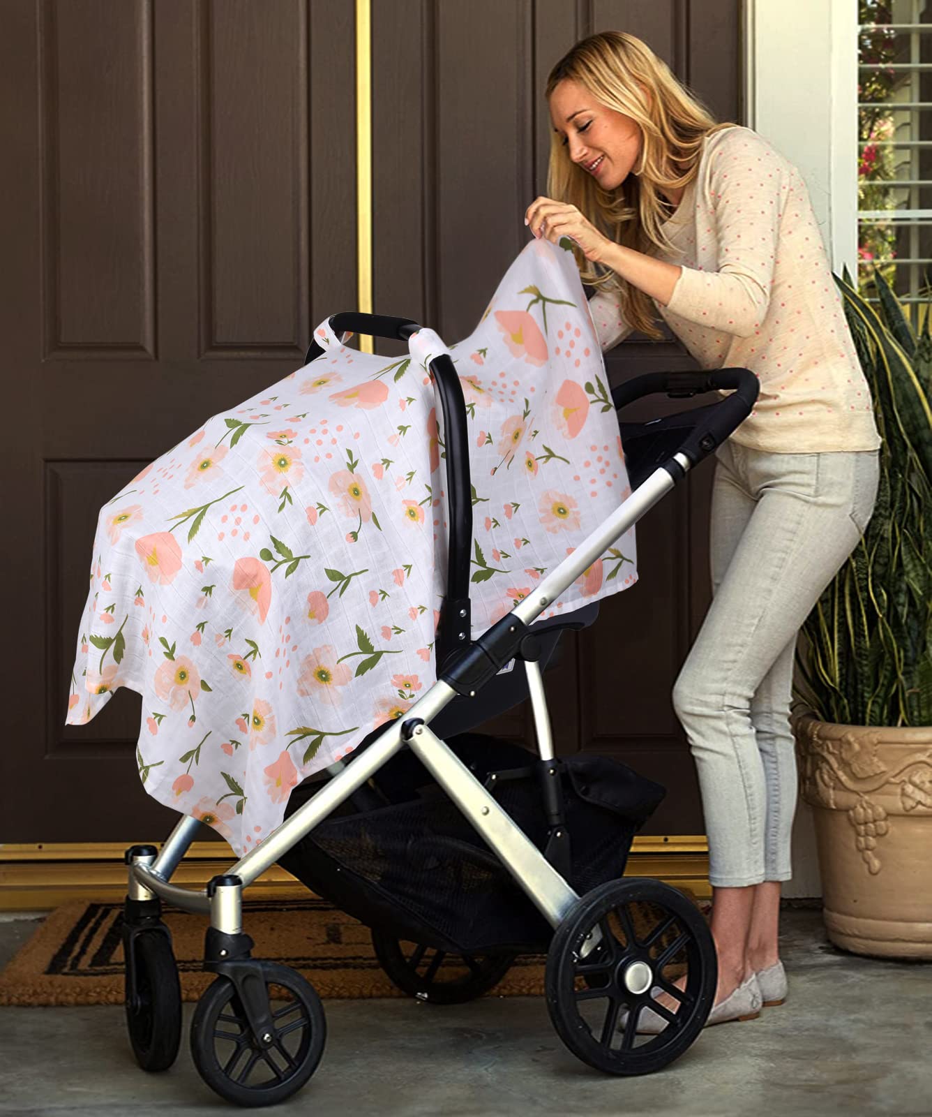 Muslin Carseat Cover for Babies, Metplus Breathable Infant Carseat Cover Lightweight Baby Carrier Cover for Girls Boys, Fit Spring Summer/Hot Days/Warm Weather, Pink Floral