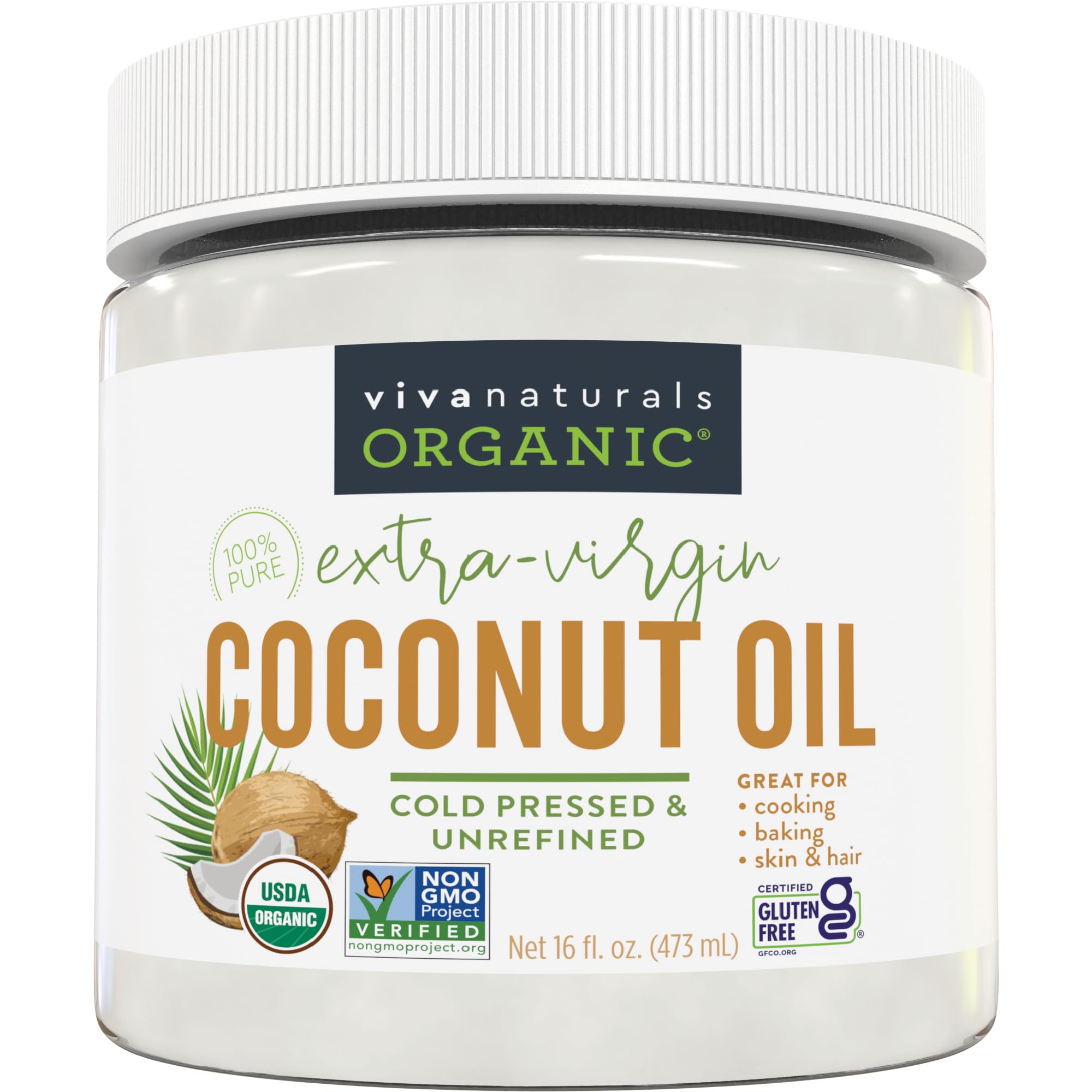 Viva Naturals Bio Kokosöl – Unraffiniertes, Kaltgepresstes Natives Kokosöl Extra, USDA Bio und gentechnikfreies Speiseöl, ideal als Haaröl und Hautöl, 473 ml