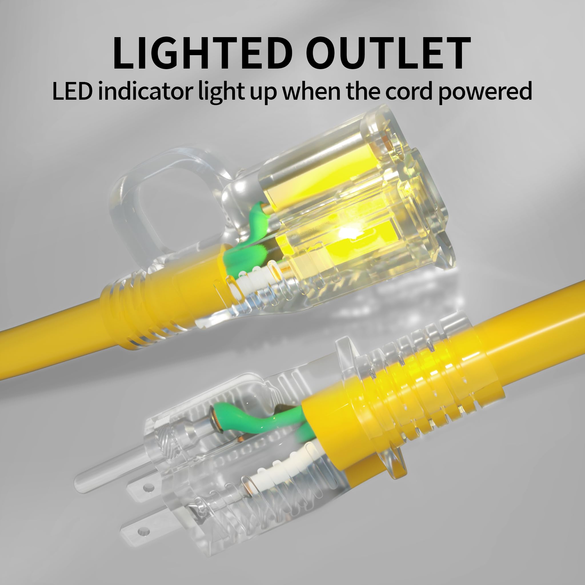 POWGRN 100 ft 12/3 Outdoor Extension Cord Waterproof Heavy Duty with Lighted Indicator End 12 Gauge 3 Prong, Flexible Cold-Resistant Long Power Cord Outside, 15Amp 1875W SJTW Yellow ETL Listed